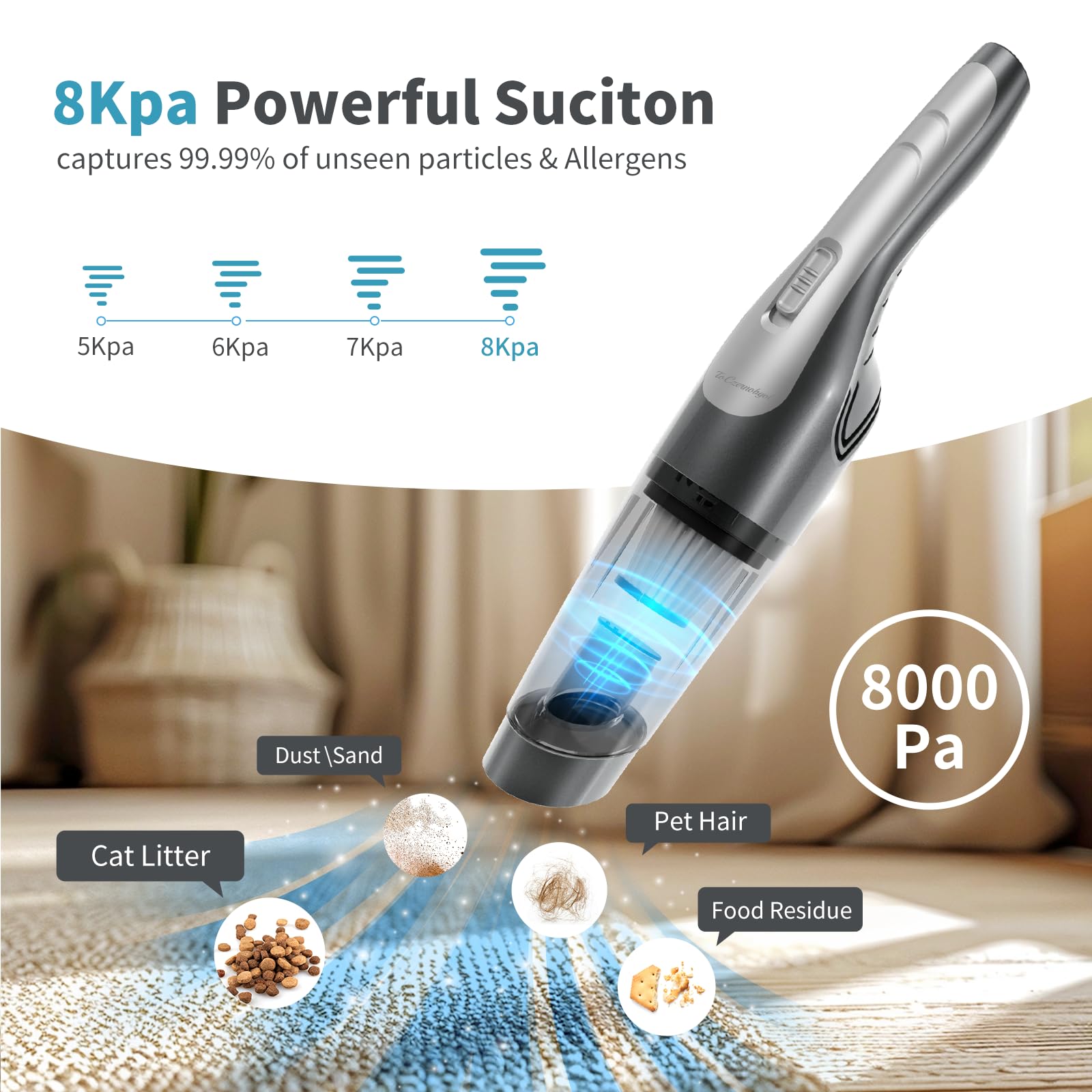 8000Pa Powerful Cordless Handheld Vacuum Cleaner - Portable Rechargeable Mini Vacuum for Car, Home, Office, Desk & Pet Hair with Multiple Accessories | Ideal for Quick Cleanups, Vehicle Detailing & Pet Hair Removal
