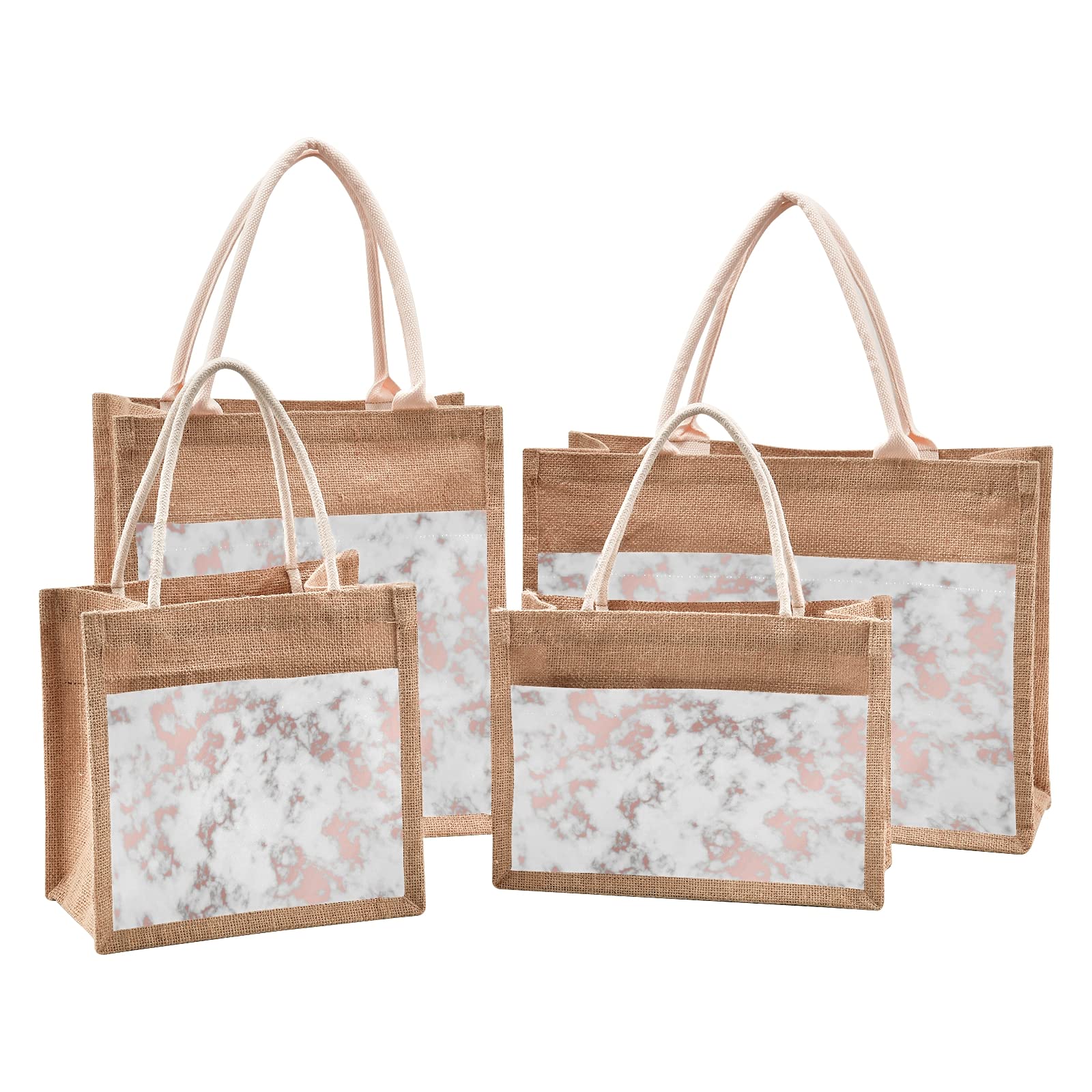 Eco-Friendly Jute Tote Bags with Marble Rose Gold Design - Reusable Burlap Straw Beach Bag with Zipper & Handles for Grocery Shopping, DIY Art Crafts, Home Decor & Custom Printing (9.8