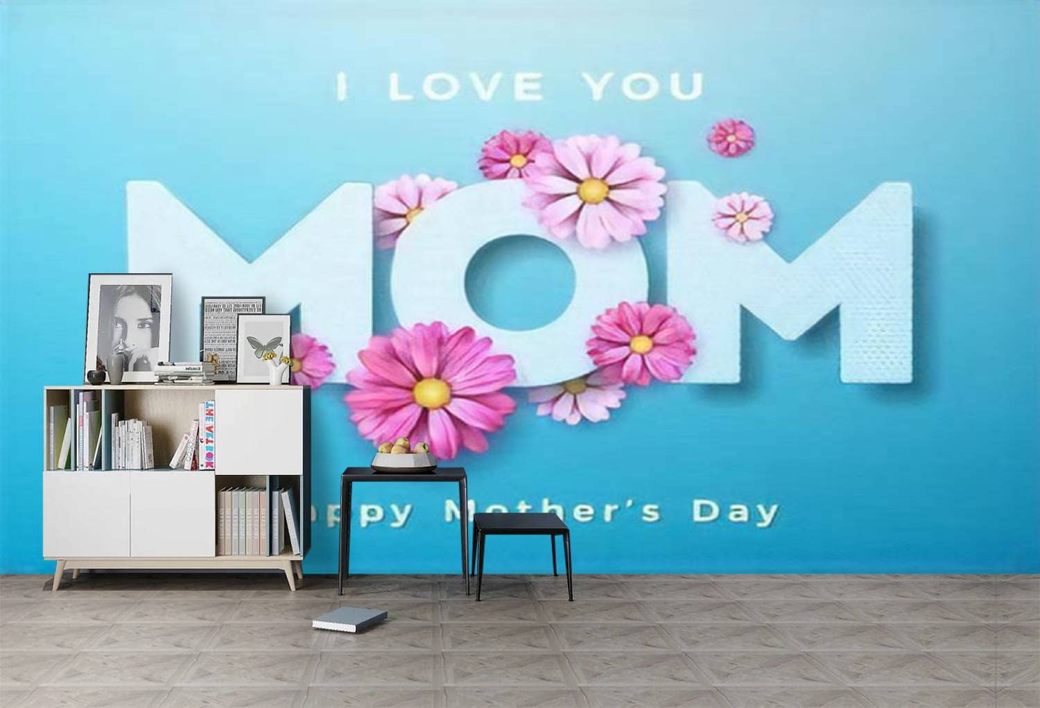 Happy Mother's Day PVC Wallpaper - Floral 'I Love You Mom' Peel and Stick Removable Wall Mural | Self-Adhesive Home Decor for Living Room, Bedroom | Perfect for Gifts, Nursery, and Wall Decoration