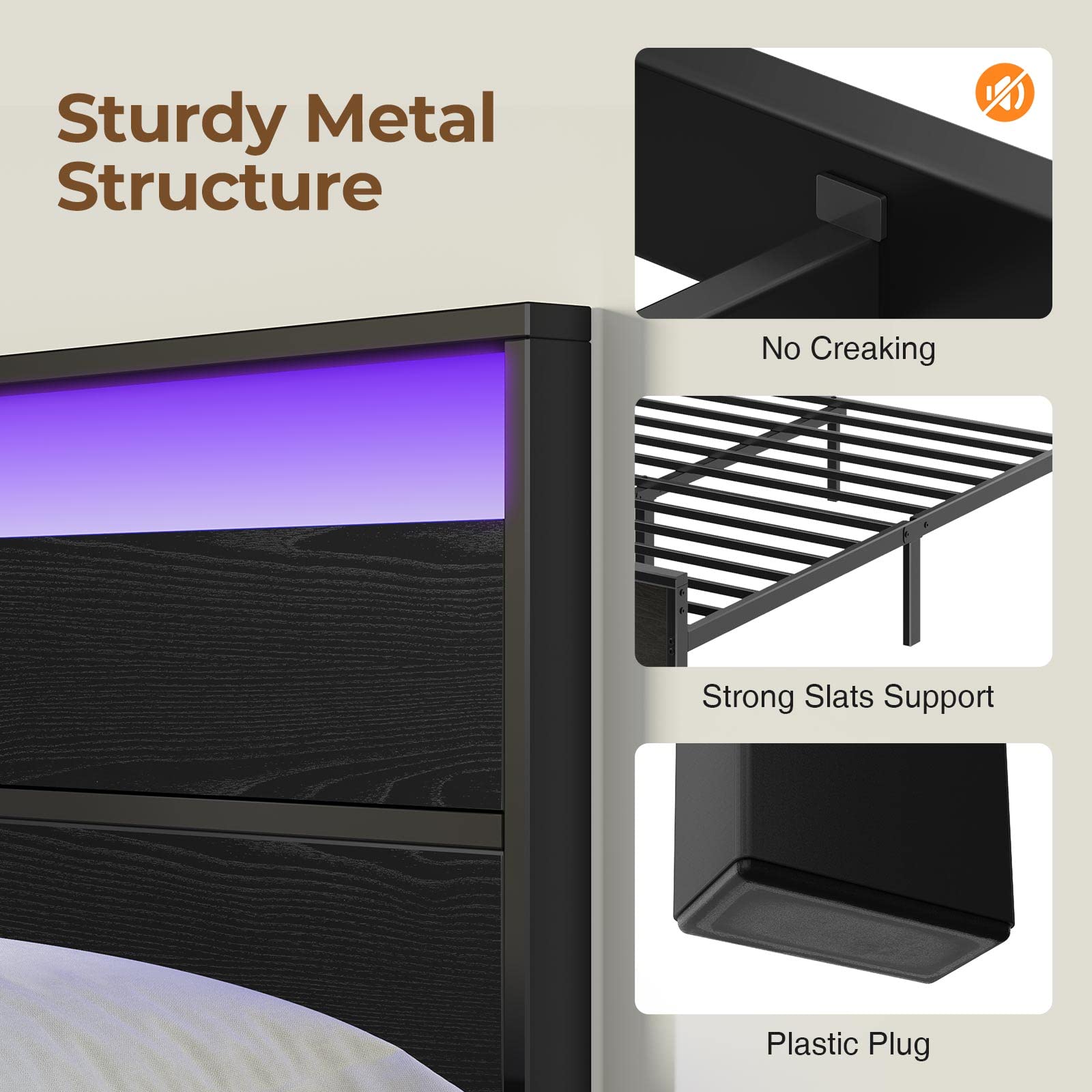 Rolanstar Twin Metal Platform Bed Frame with LED Headboard & USB Charging Station - Sturdy Steel Slats, 10.2