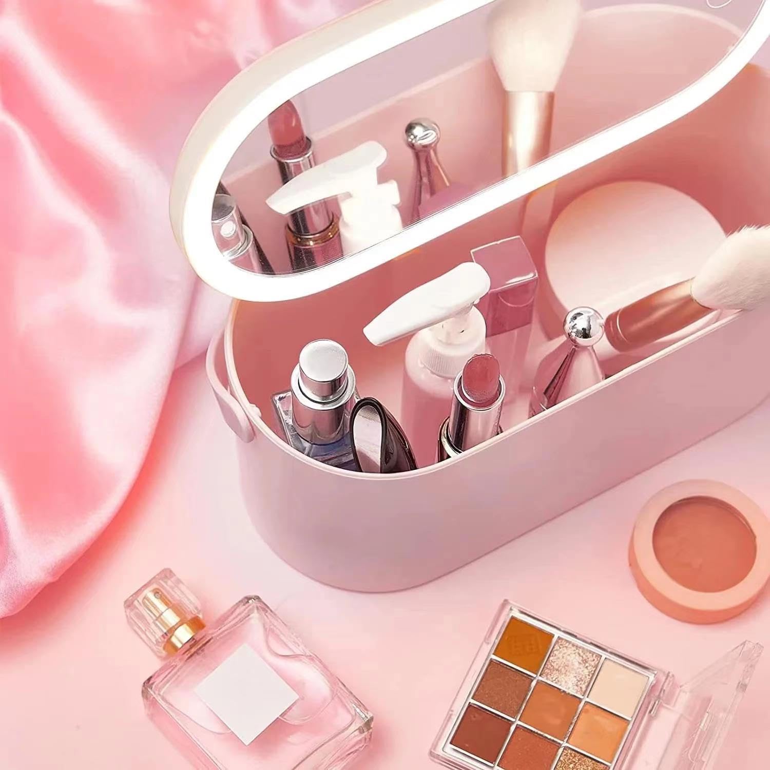 Portable LED Makeup Organizer with Mirror - Pink Travel Cosmetic Case for Home & On-the-Go