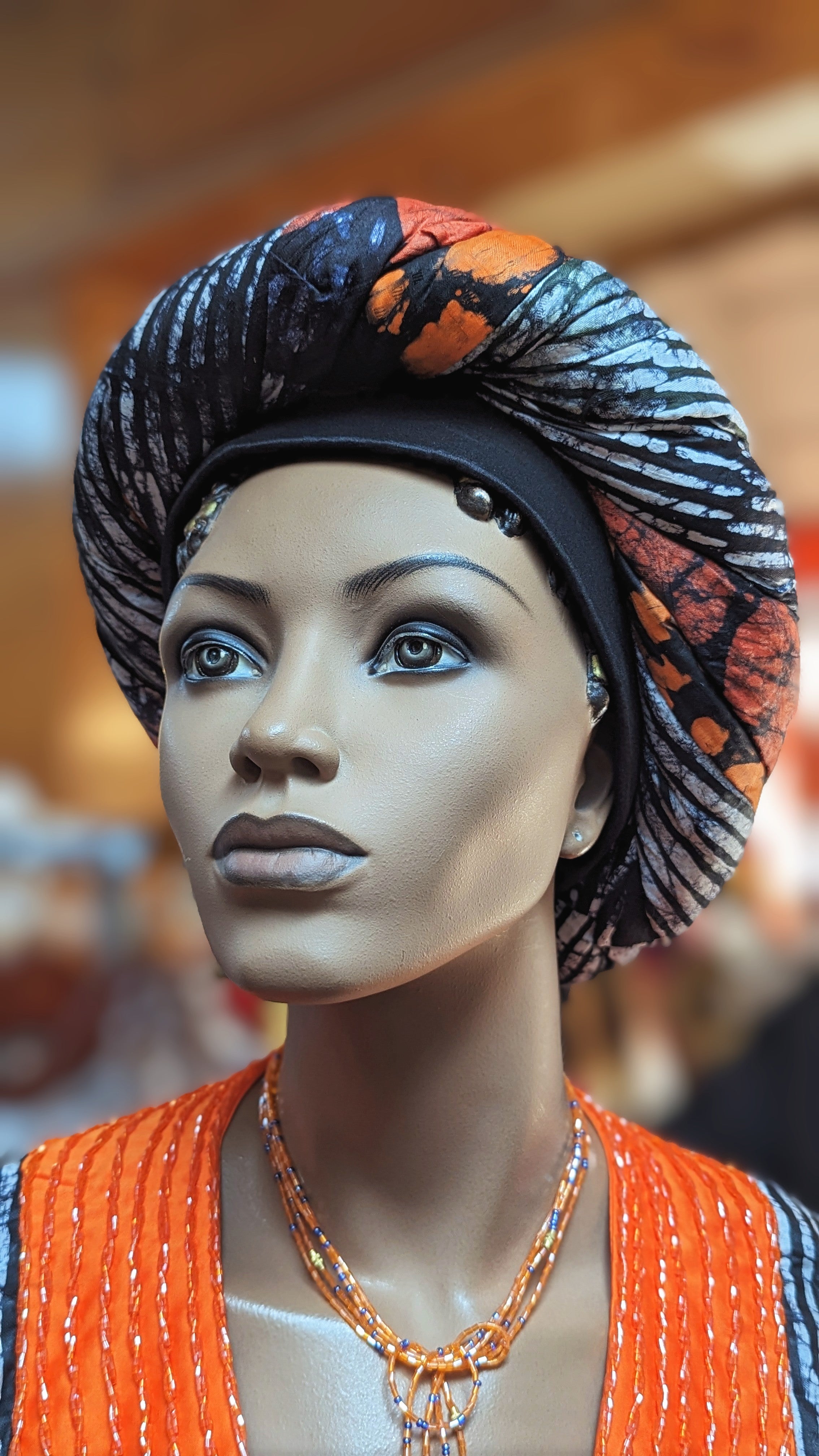 Stylish Orange & Black African Print Batik Hat for Women - DUPAPBH5H | Fashionable Headwear for Parties, Weddings & Cultural Events