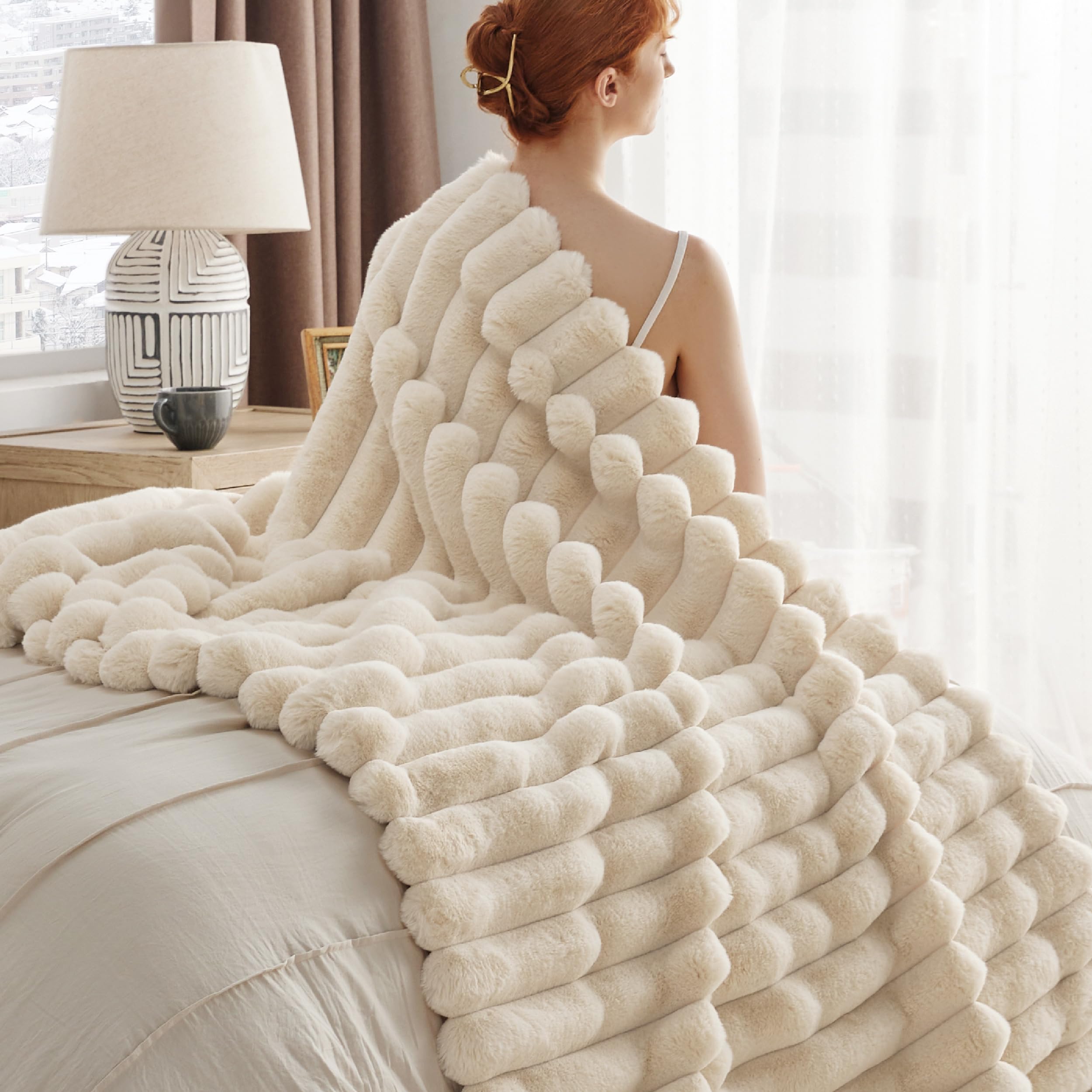 Bedsure Faux Fur Blanket - Ultra Soft & Fluffy Beige Plush Throw Blanket for Couch, Sofa, Bed - Warm Cozy Blanket for Winter, Christmas Gift for Women - 50x70 Inches - Perfect for Snuggling, Movie Nights & Home Decor