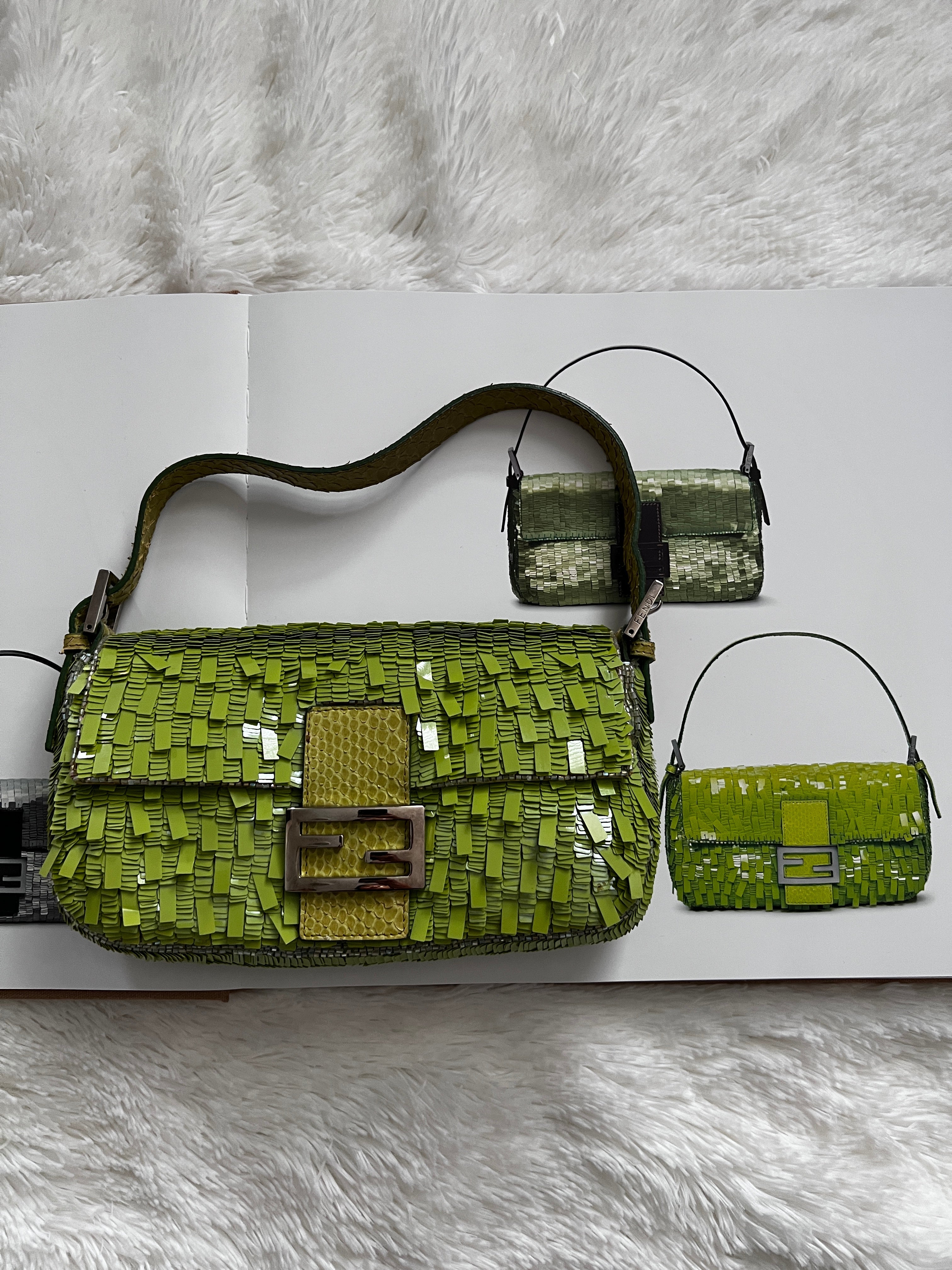Vintage Fendi Green Sequin Baguette Bag - Luxury Designer Shoulder Purse for Women, Perfect for Evening Parties & Special Occasions