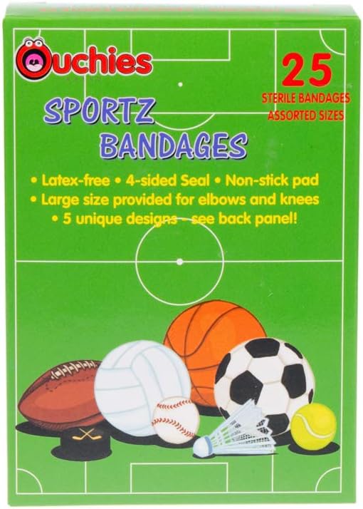 Cosrich Ouchies Sportz Adhesive Bandages for Kids - 25 Count Waterproof Wound Care Strips - Fun Designs for Active Children - Perfect for Sports, Playtime & Everyday First Aid