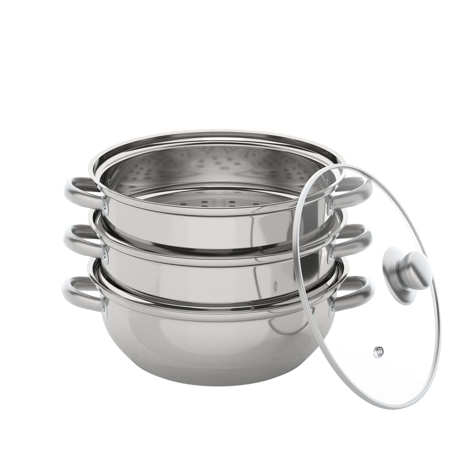 3-Tier Stainless Steel Steamer Pot with Lid - Vegetable & Meat Steamer Pan with Saucepan - Dumpling & Food Steamer Set with 1 Pot & 2 Steam Trays - Perfect for Home Cooking, Meal Prep & Asian Cuisine