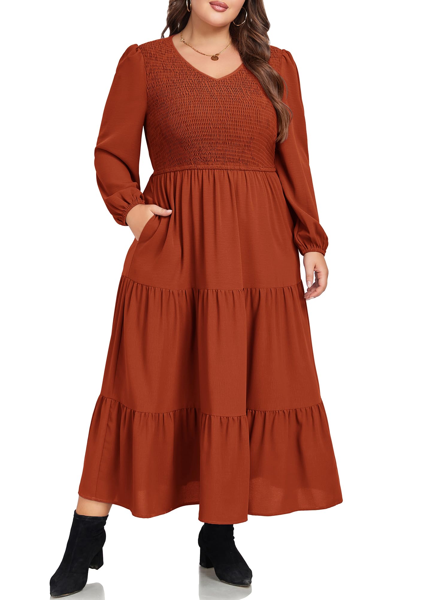 Hanna Nikole Women's Plus Size Spring Maxi Dress - Long Sleeve Smocked Flowy Tiered Dress with Pockets for Wedding Guest, Casual Wear & Outdoor Events