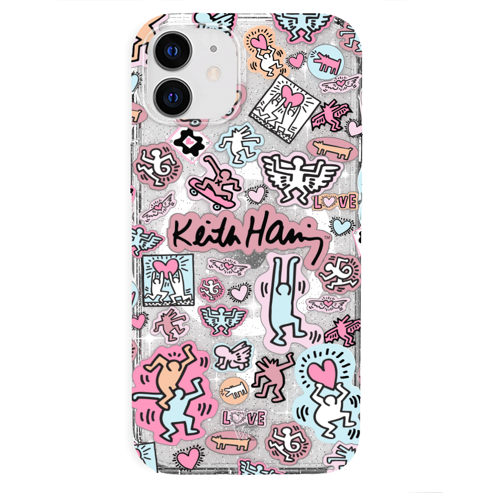 Keith Haring Pastel Glitter iPhone Case - Trendy Protective Cover for iPhone 11/12/13/14/15 Pro Max - Cute Artistic Design for Everyday Use & Gift Giving