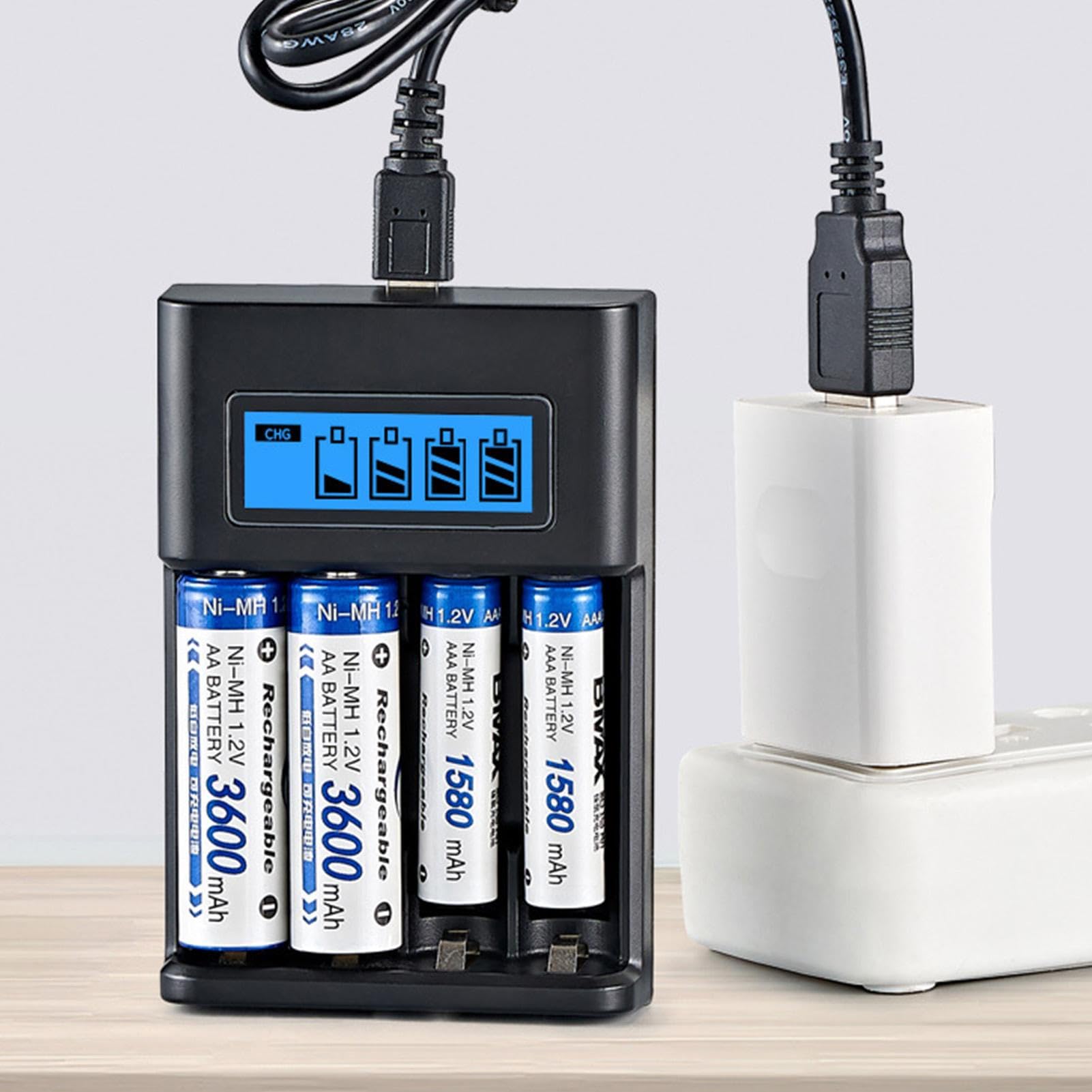 4-Slot USB AA AAA Battery Charger with Smart LCD Display - Fast Charging for 1.2V NiMH Rechargeable Batteries - Perfect for Cameras, Toys, Remote Controls & Electronic Devices