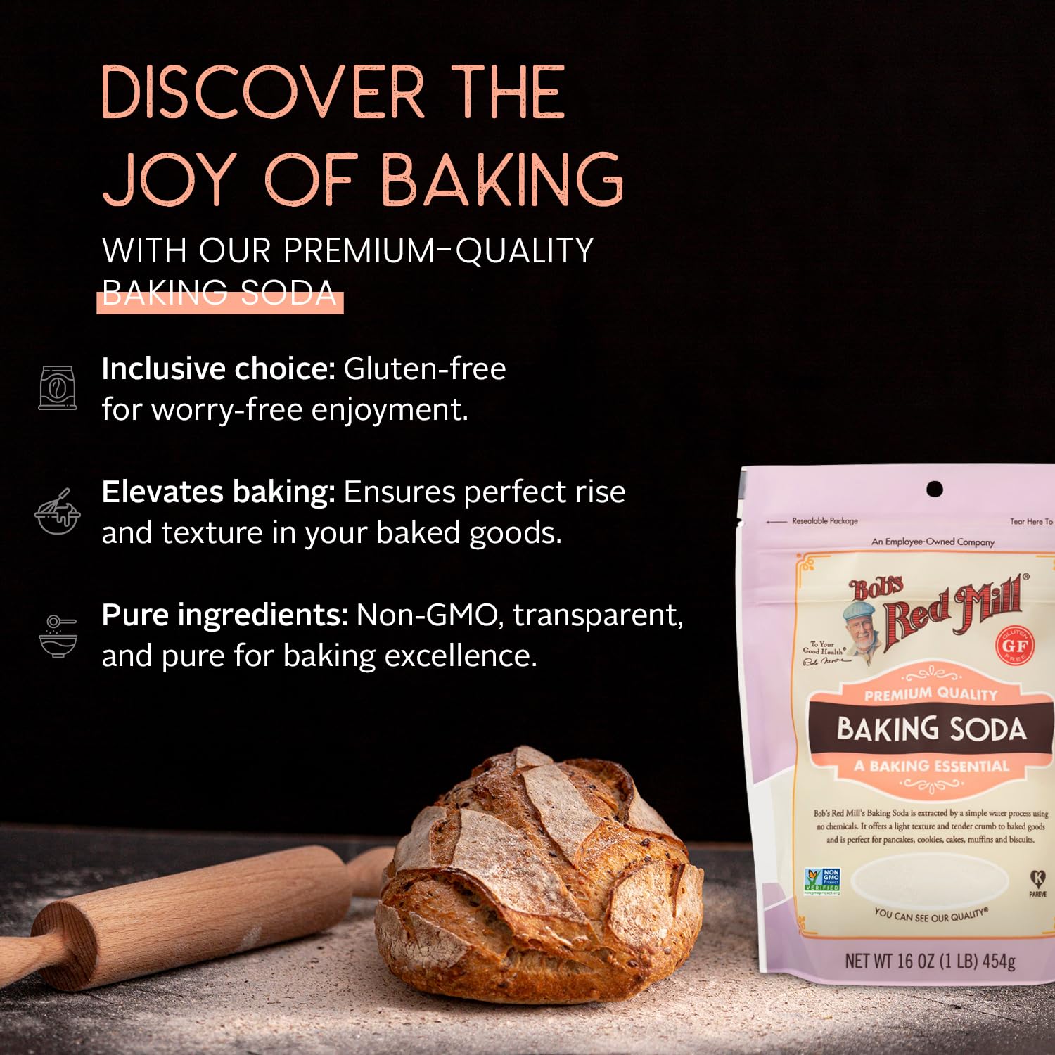 Pure Baking Soda 4-Pack (16 Oz Each) - Aluminum Free, Gluten Free Baking Powder for Pancakes, Cookies, Cakes & Baking - Resealable Stand-Up Pouch - Perfect for Home Baking, Cooking & Cleaning