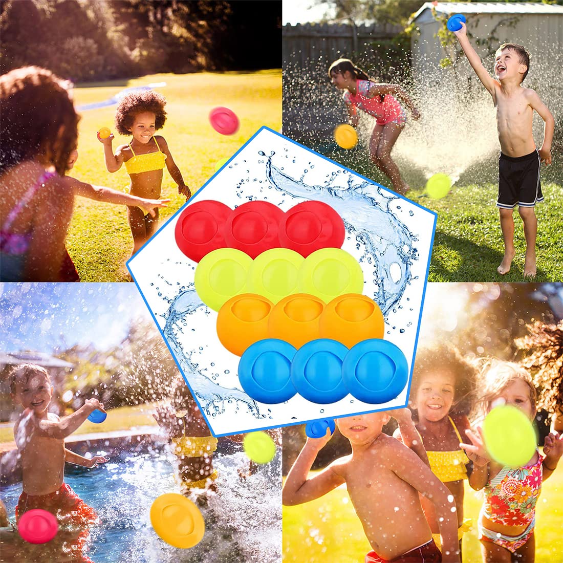 12-Pack Refillable Quick-Fill Self-Sealing Water Bomb Splash Balls for Pool Games, Water Fights, Summer Parties - Fun Outdoor Toys for Kids & Adults at Beach, Backyard, Water Parks & Birthday Celebrations