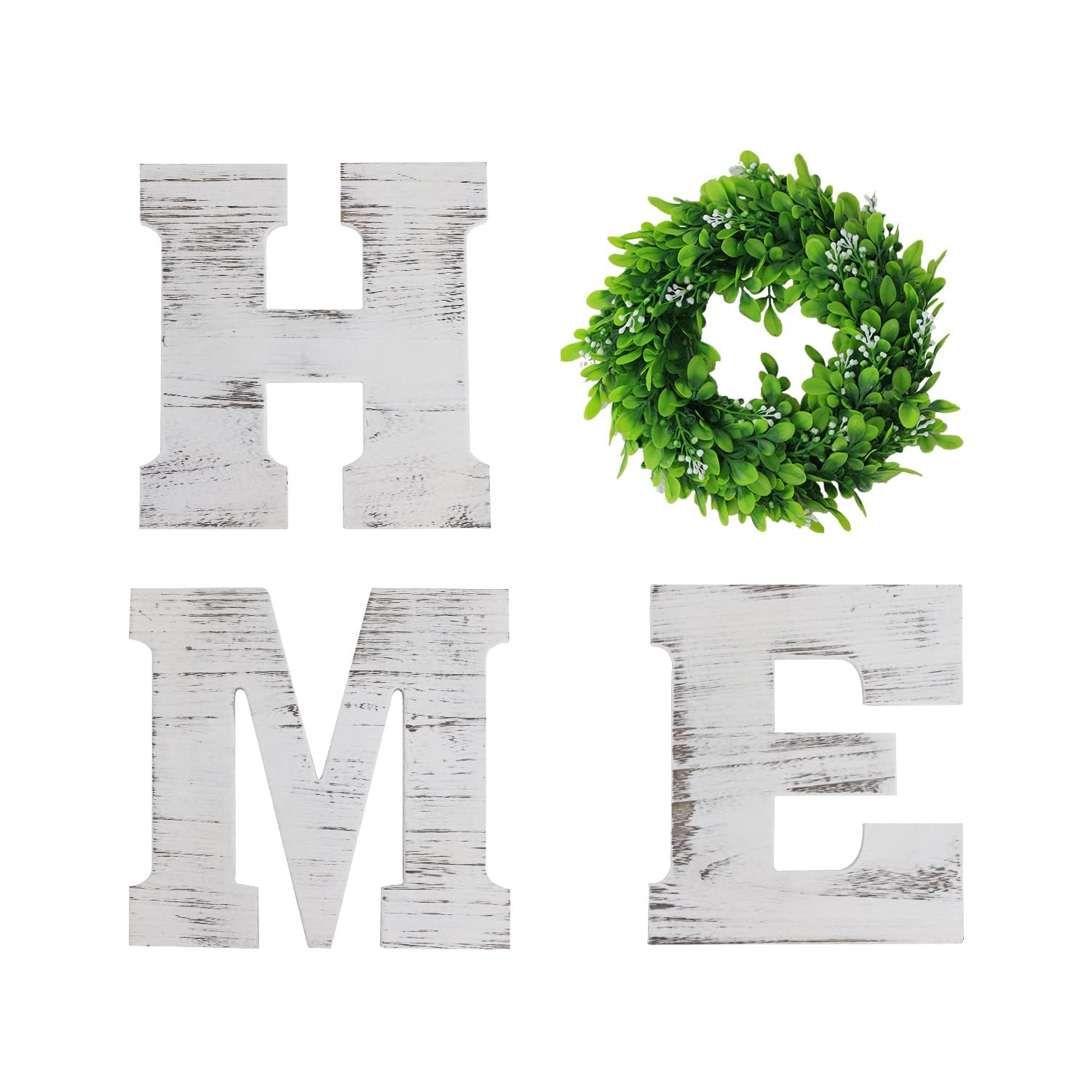 9.8 Inch Rustic Wooden Home Sign with Artificial Wreath - Wall Decor Letters H, M, E, O for Living Room, Front Door & Dining Room - White Farmhouse Style Home Decor Perfect for Housewarming Gifts & Cozy Interior Design