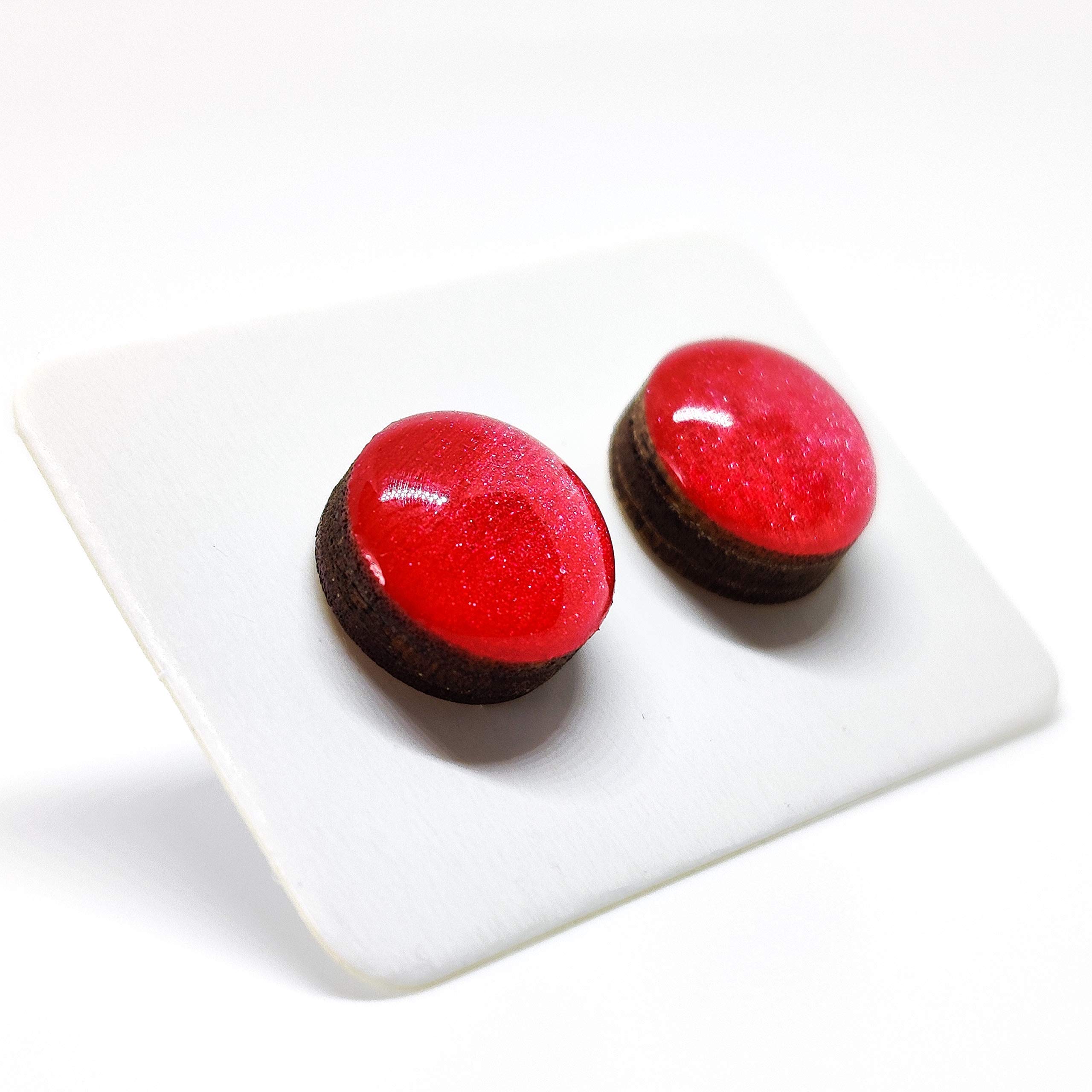 Handmade Shimmer Stud Earrings for Women & Men - 10mm Stainless Steel Posts for Sensitive Ears (Scarlet Red) - Perfect for Everyday Wear, Gifts & Special Occasions