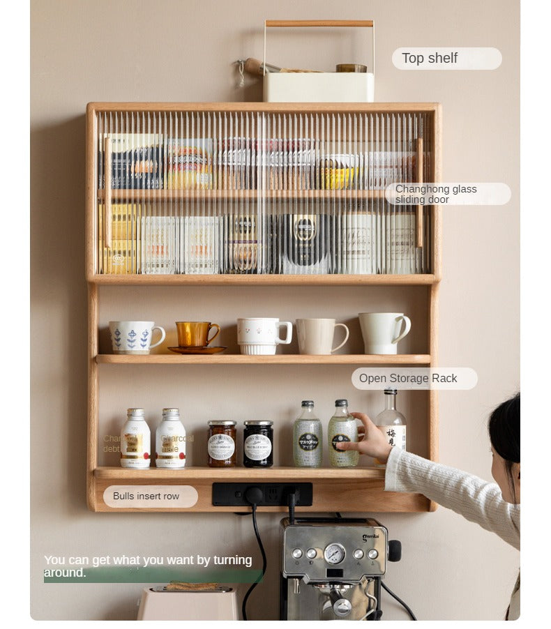 Solid Oak & Cherry Wood Wall Mounted Suspended Cabinet - Rustic Floating Shelf for Kitchen, Bathroom, Living Room Storage & Decor