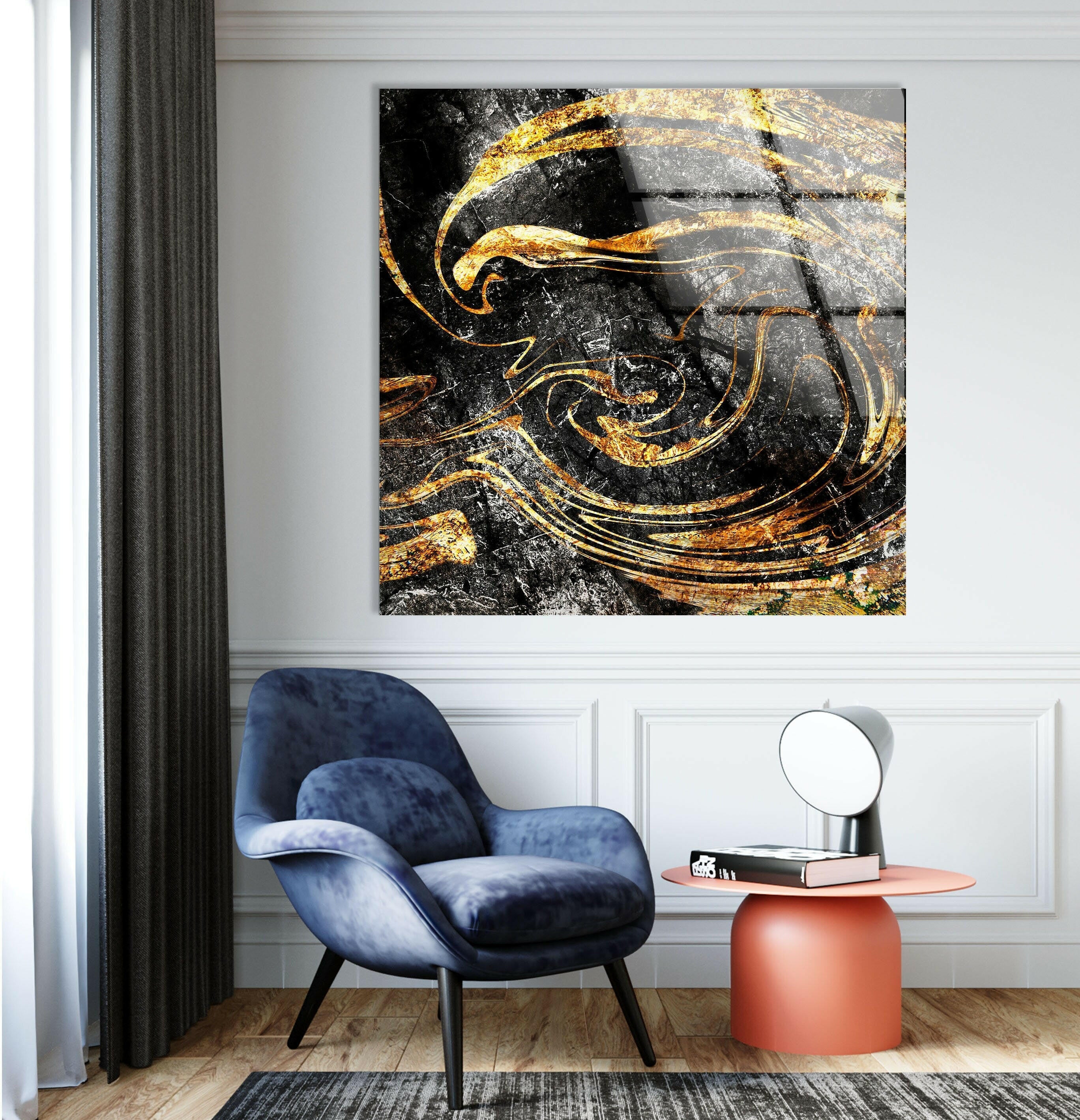 Elegant Black and Gold Marbled Glass Wall Art - Modern Home Decor for Living Room, Bedroom & Office