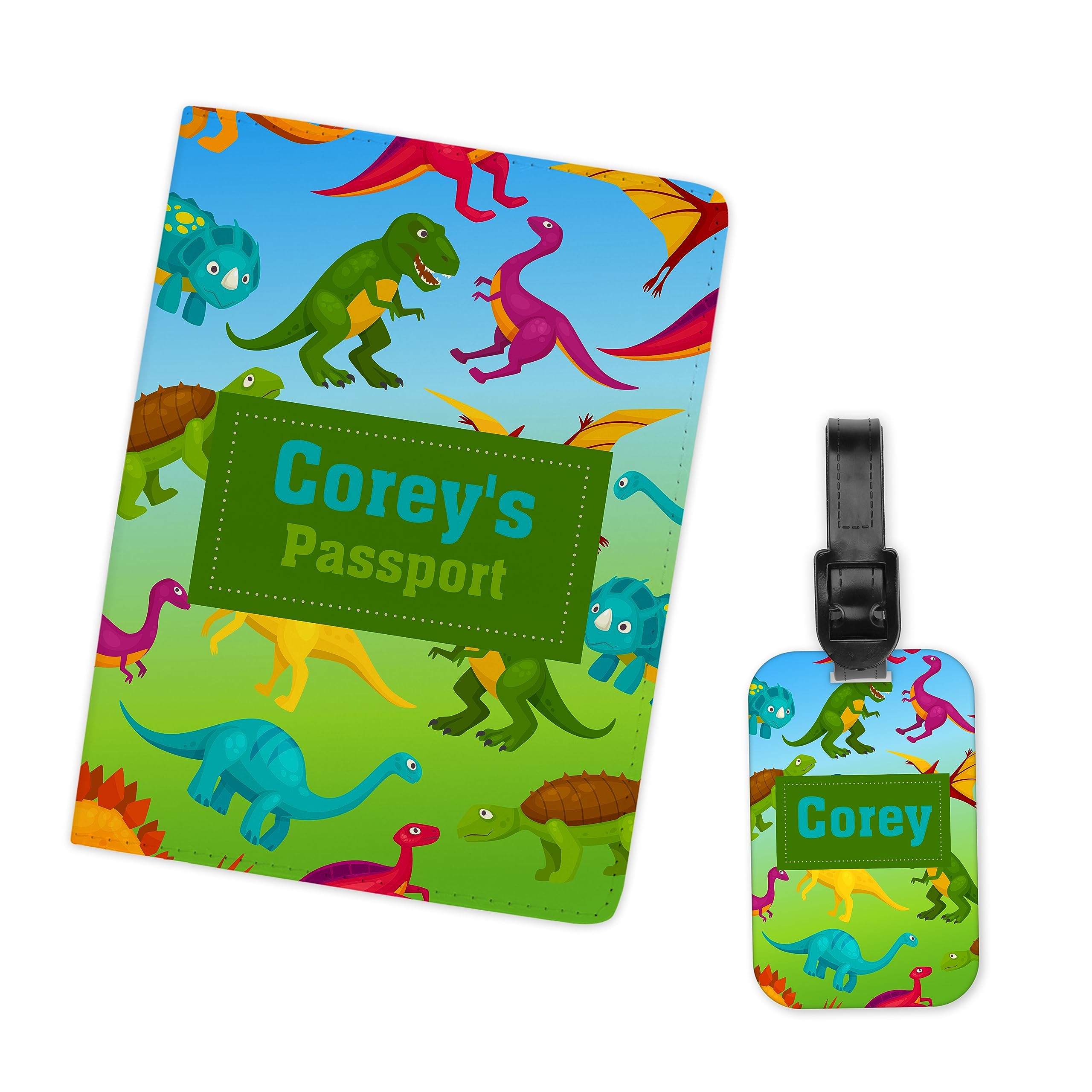 Custom Dinosaur Passport Holder & Luggage Tag Set - Personalized Travel Accessories for Kids & Adults - Perfect for Family Vacations, Airplane Trips & Adventure Travel