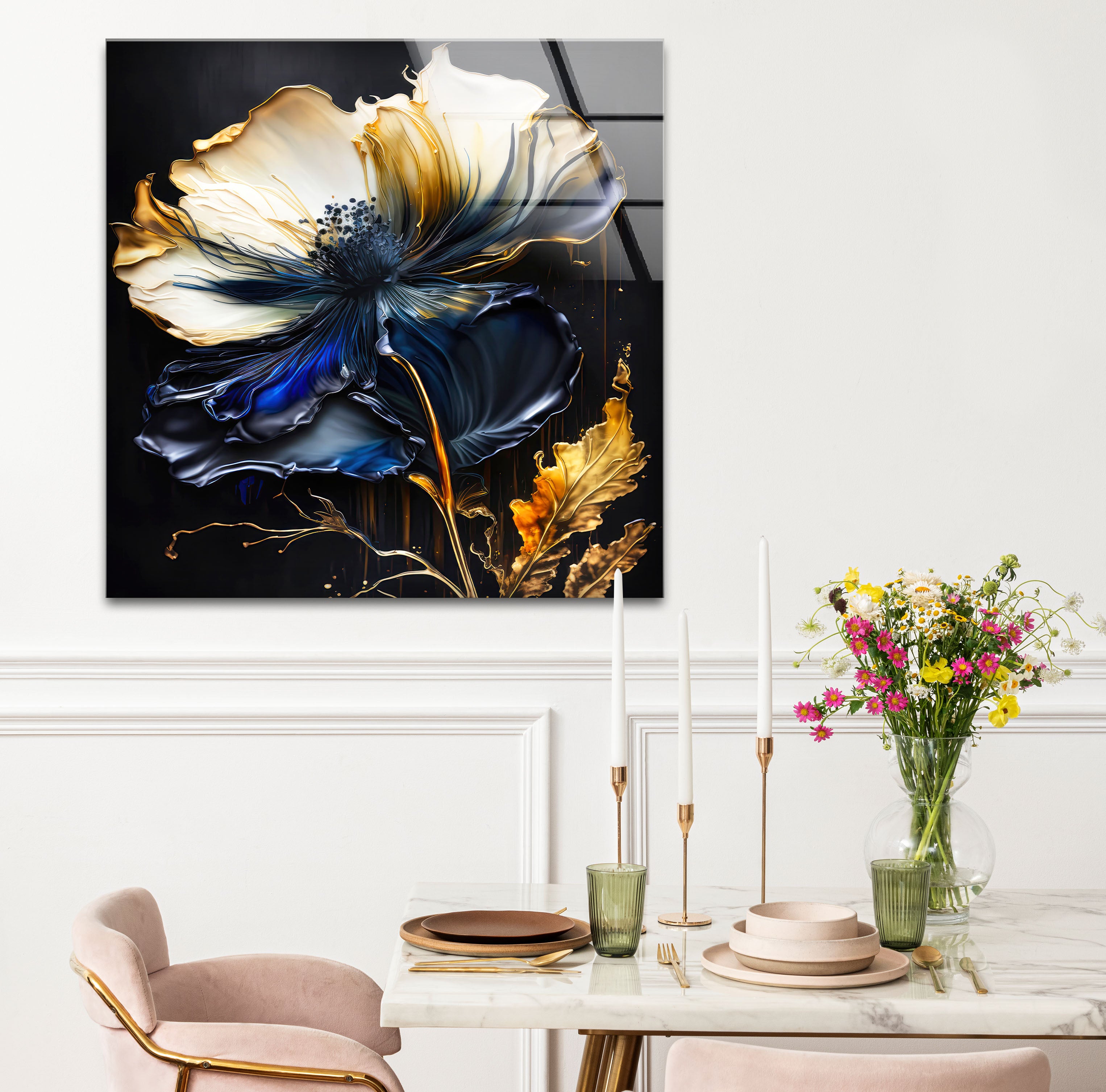 Blue and Gold Floral Wall Art - Elegant Dark Botanical Glass Print for Modern Luxury Home Decor | Perfect for Living Room, Bedroom & Office Wall Decor