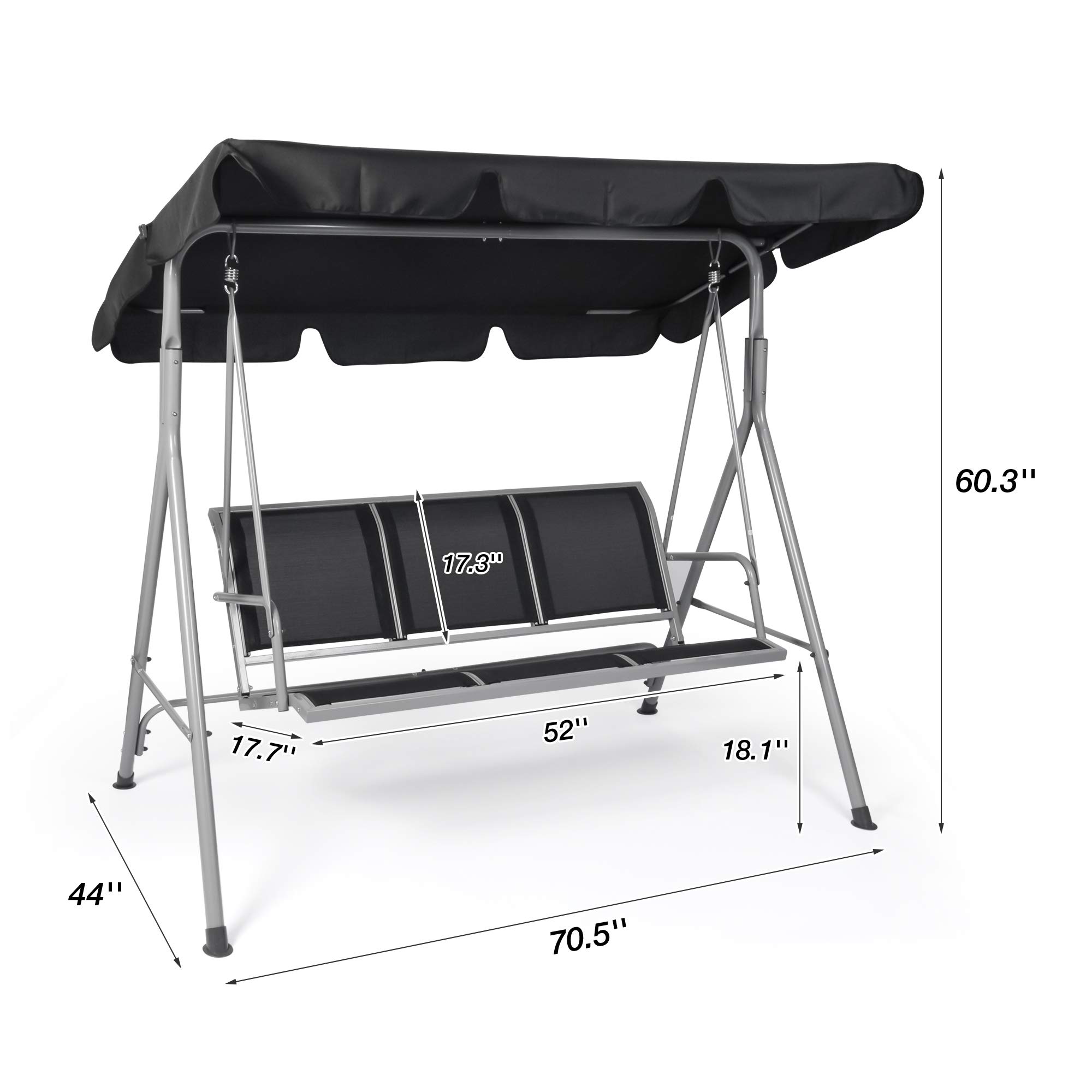 3-Person Outdoor Swing Chair with Adjustable Canopy - Heavy Duty Hammock Seats for Patio, Porch, Garden - Perfect for Relaxing, Lounging & Backyard Decor (Black)
