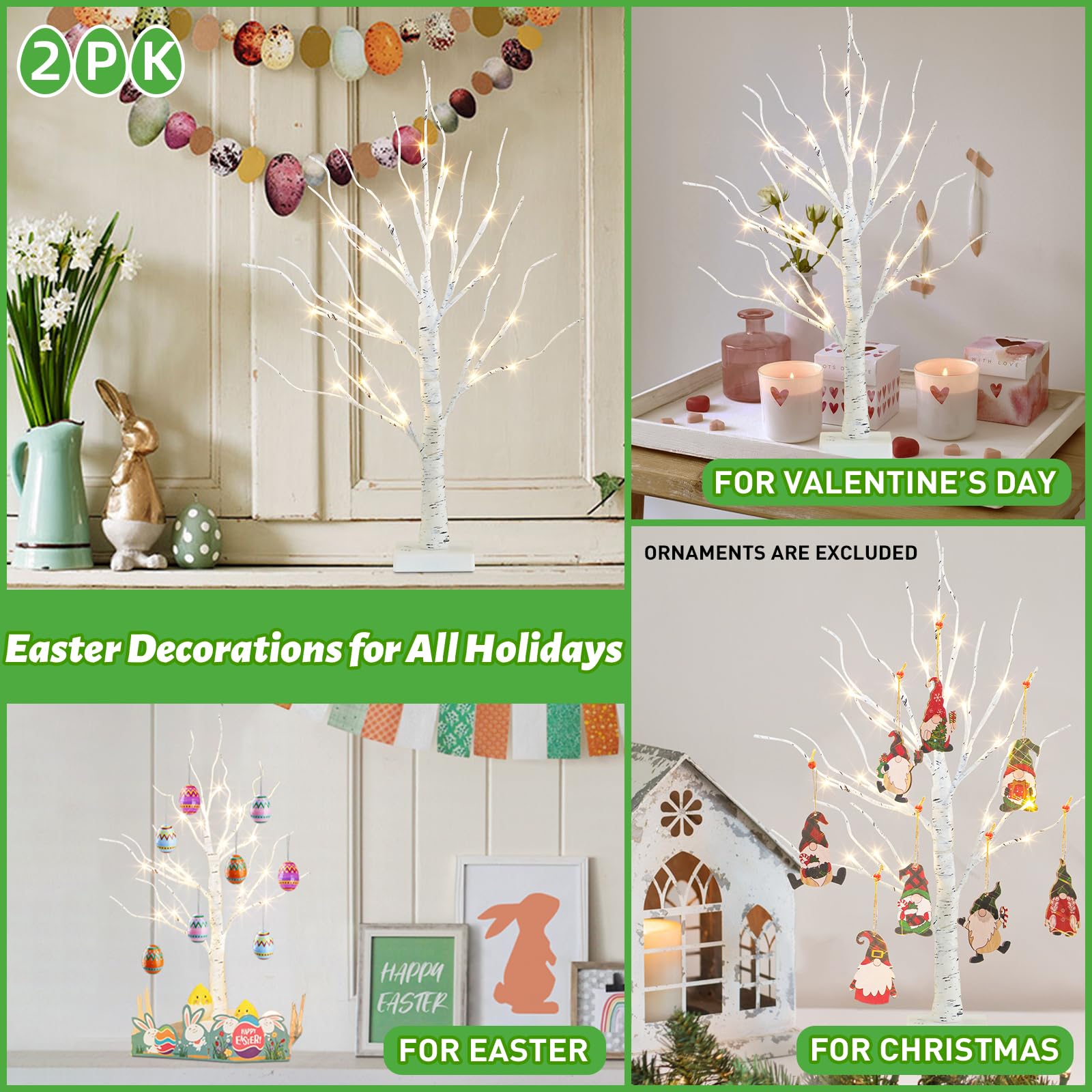 PEIDUO 2FT Birch Tree with LED Lights - Warm White Light Up Easter Tree Lamp for Home Decor, Battery Powered with Timer (2 Pack) - Perfect for Easter Table Centerpiece, Indoor Holiday Decorations & Cozy Ambiance