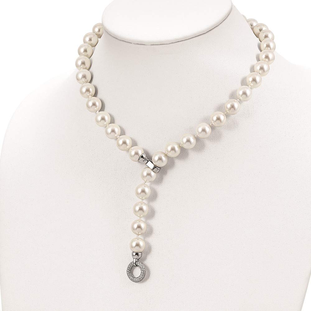 925 Sterling Silver 12-13mm White Shell Cubic Zirconia Pendant Necklace with Fancy Clasp - Elegant Fine Jewelry for Women, Perfect Gift for Her (18.5