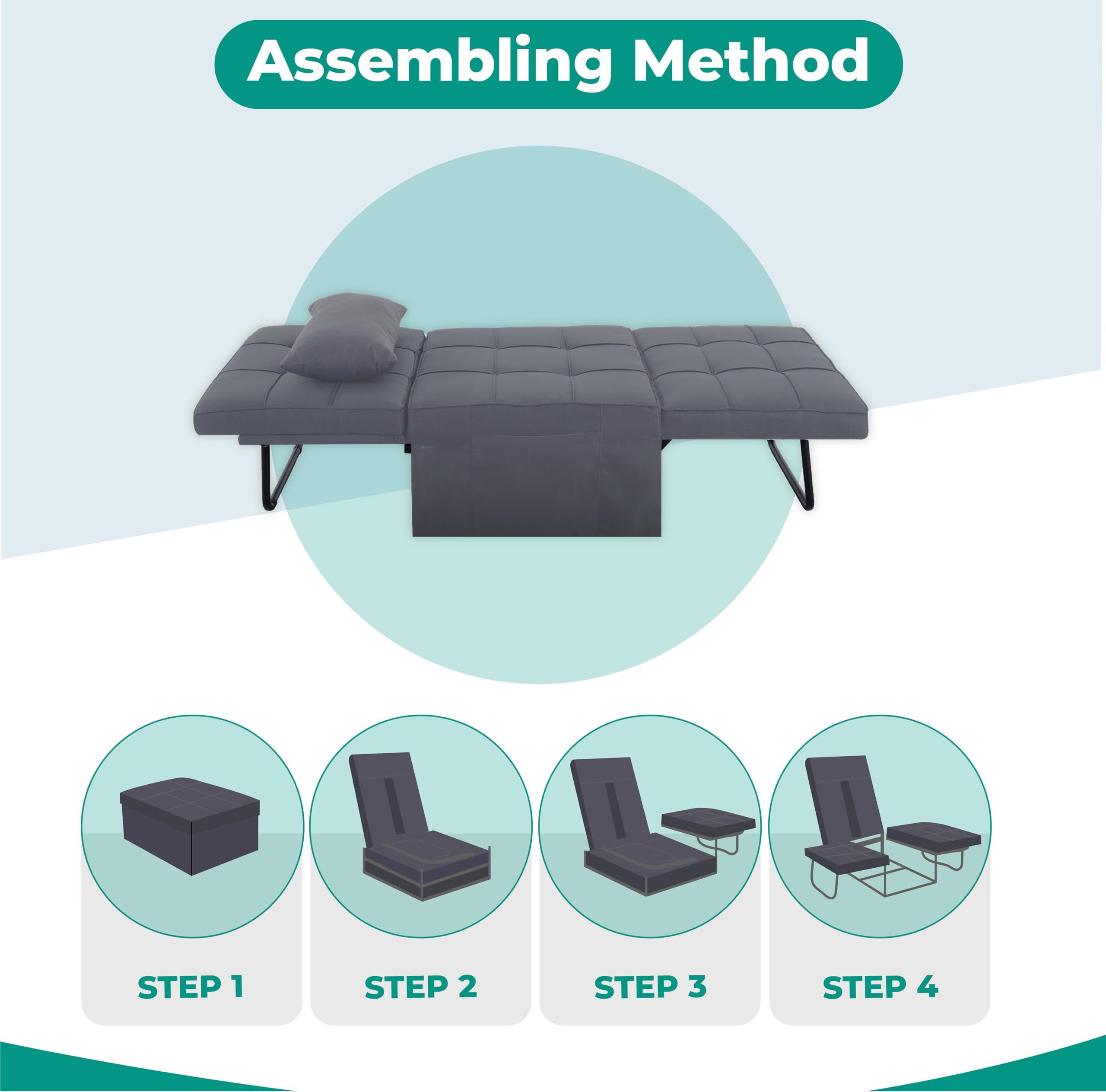 4-in-1 Convertible Sleeper Chair Bed with Adjustable Backrest - Breathable Linen Ottoman Sofa Bed for Living Room, Guest Room & Small Spaces - Modern Multi-Functional Furniture (Gray) - Perfect for Lounging, Napping & Overnight Guests