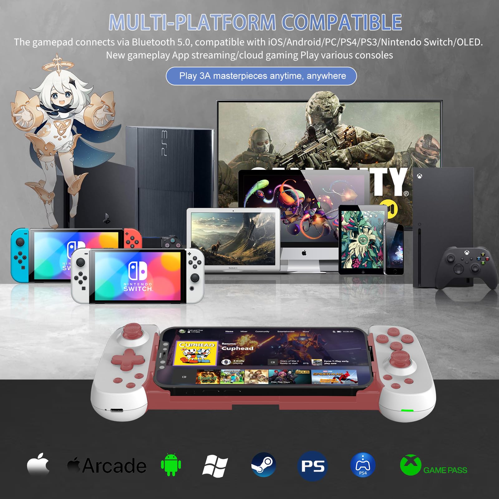 Wireless Bluetooth Game Controller for iPhone 15/Android/PC/iPad/Tablet/Switch/PS4 - MFi Certified, 6-Axis Gyro, Dual Vibration Motors, Turbo Function - Compatible with PS5/Xbox/Cloud Gaming - Perfect for Mobile Gaming, Console Streaming & Arcade Games
