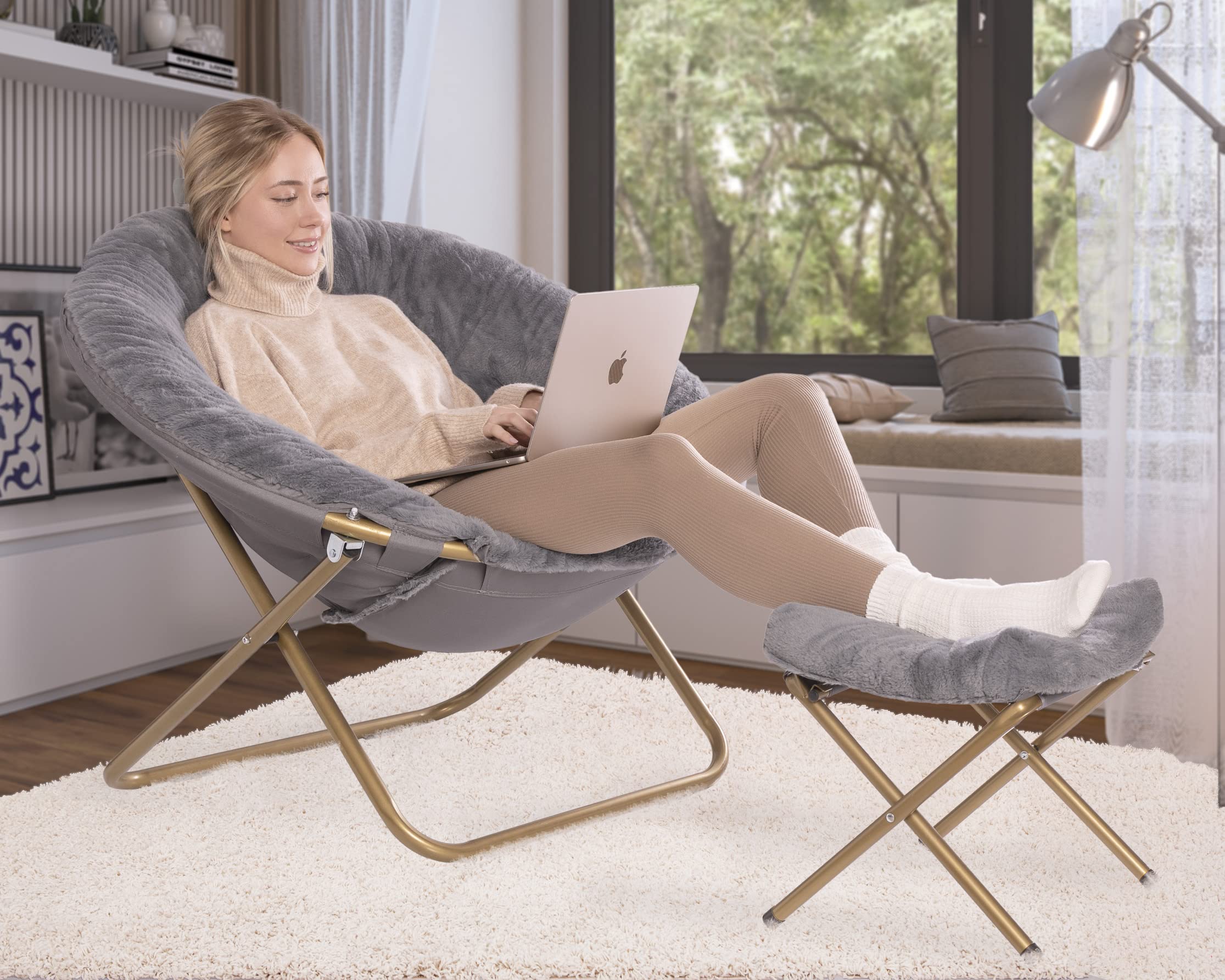 Milliard Extra Large Cozy Chair with Footrest Ottoman - Faux Fur Saucer Chair for Bedroom, Living Room & Dorm - Grey - Perfect for Relaxing, Reading & Lounging