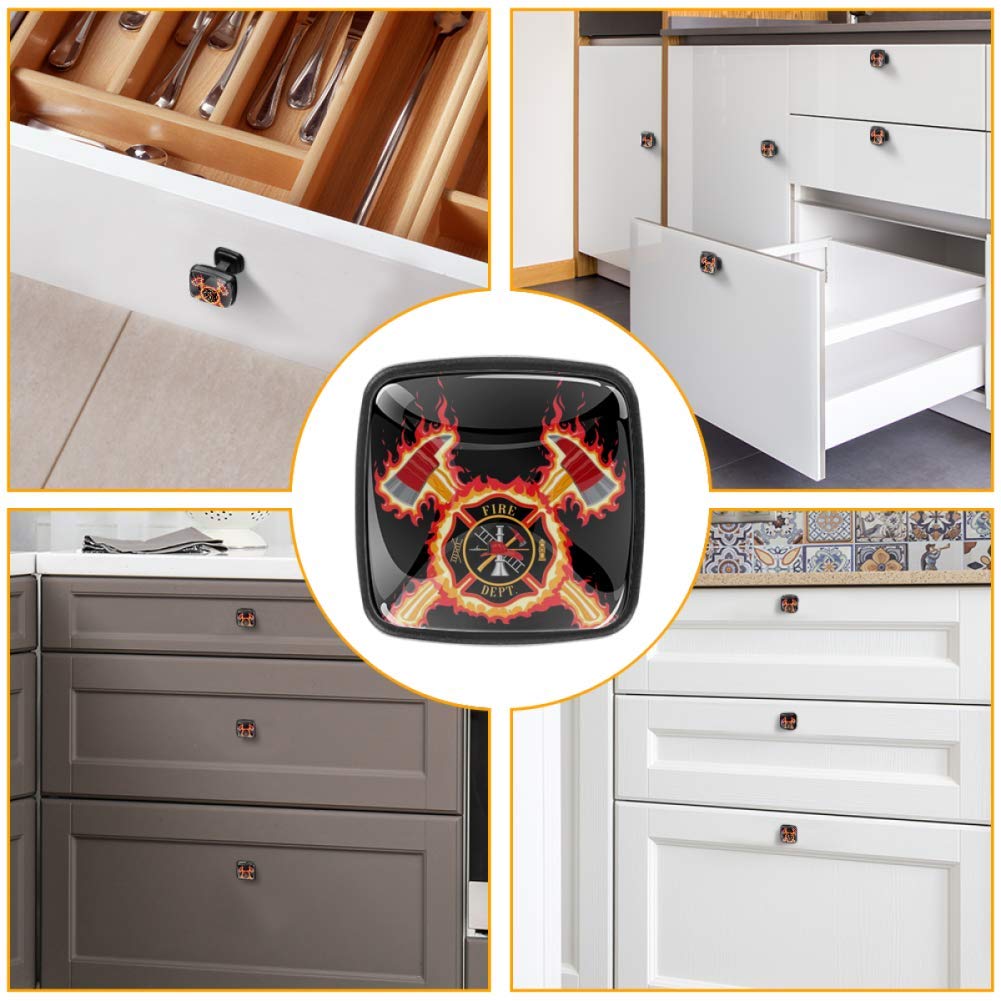 4-Piece Firefighter Cross with Axes Flame Cabinet Knobs - 30mm Square Drawer Pulls for Kitchen, Bathroom, Dresser - Rustic Home Decor & DIY Furniture Upgrade