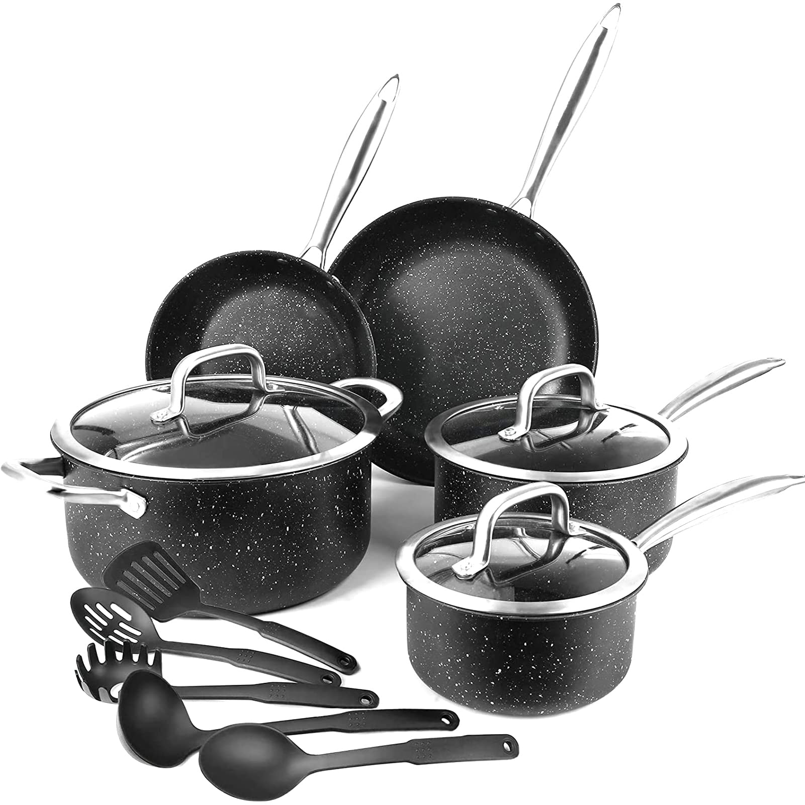 Mewmewcat 13-Piece Nonstick Stainless Steel Cookware Set - Scratch-Resistant Kitchen Pots & Pans with Tempered Glass Lids (Saucepan, Frying Pan, Soup Pot) | Dishwasher Safe for Easy Cleaning | Perfect for Home Cooking, Meal Prep & Family Dinners
