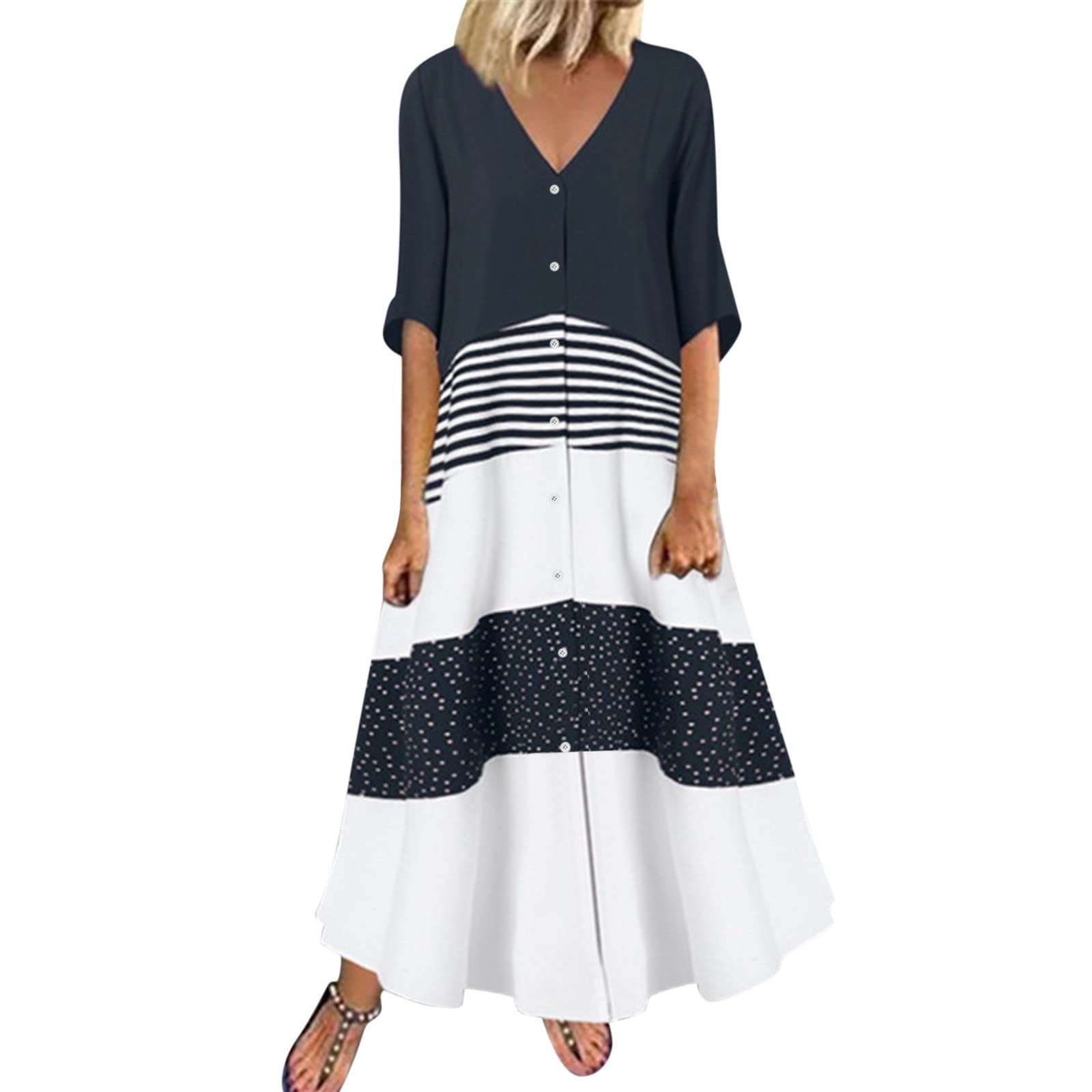 **Women's Striped V-Neck Short Sleeve Maxi Dress - Casual Summer Boho Patchwork Dress for Plus Size - Perfect for Beach, Vacation & Outdoor Parties**