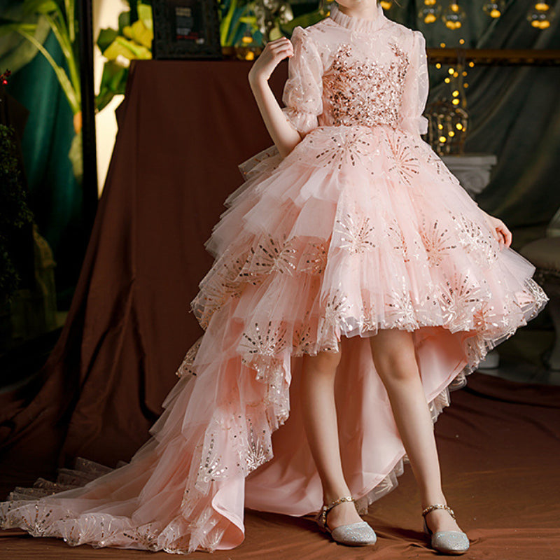 Baby Girl Birthday Dress with Stand Collar, Tulle & Sequins - Elegant Princess Gown for Special Occasions | Perfect for Birthday Parties, Photo Shoots & Formal Events