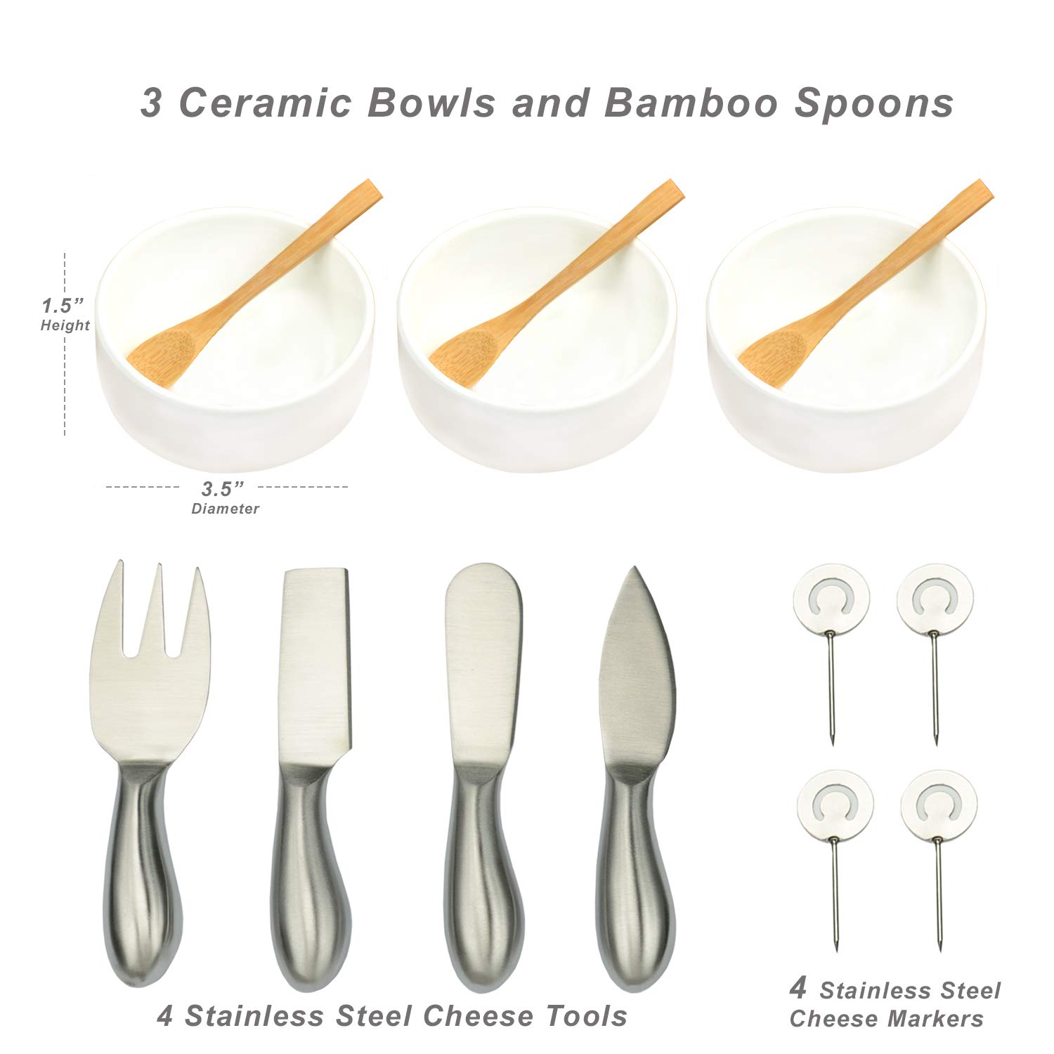 Premium Bamboo Cheese Board & Charcuterie Platter Set with 3 Ceramic Bowls, Bamboo Spoons, Stainless Steel Cheese Tools & Markers - Handcrafted in USA - Perfect for Wine Tasting, Picnics & Entertaining Guests