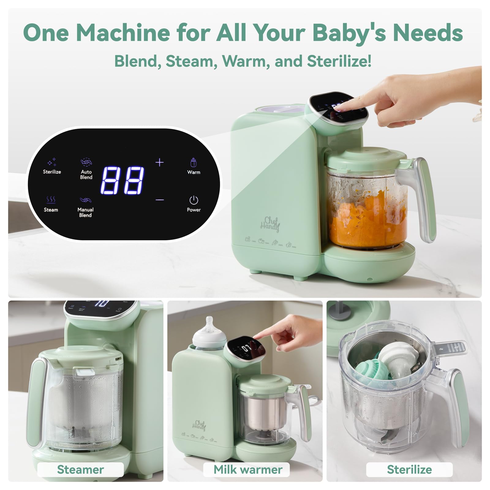 5-in-1 Baby Food Maker with Steaming Basket - Auto Cook & Grind Touch Screen Steamer Blender for Homemade Puree - Perfect for Making Healthy Baby Food at Home (Green)