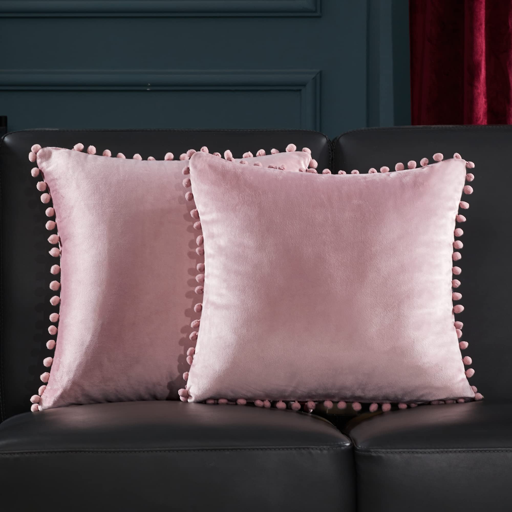 Deconovo Velvet Throw Pillow Covers Set of 2 - 16x16 Inch Soft Square Pom-pom Cushion Cases for Sofa, Bed, Couch - Luxury Sakura Floral Design Home Decor for Living Room, Bedroom, Dorm