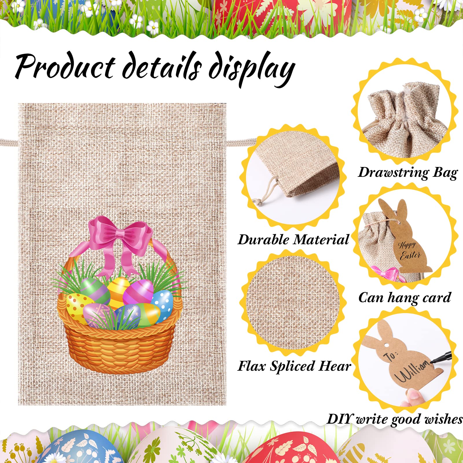 Shappy 24-Piece Easter Burlap Drawstring Gift Bags - Reusable Bunny Linen Favor Bags with Double Jute Strings - Classic Style Easter Party Favors, Egg Hunt Treats & Spring Decorations