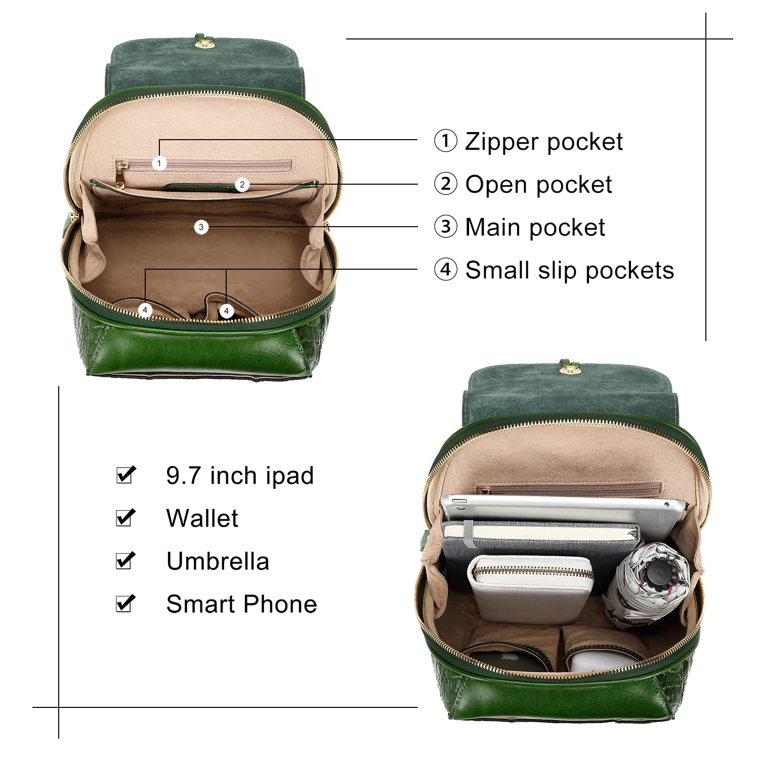 COOLCY Women's Small Genuine Leather Backpack Purse - Crocodile Embossed Designer Handbag (Green) for Work, Travel & Daily Use