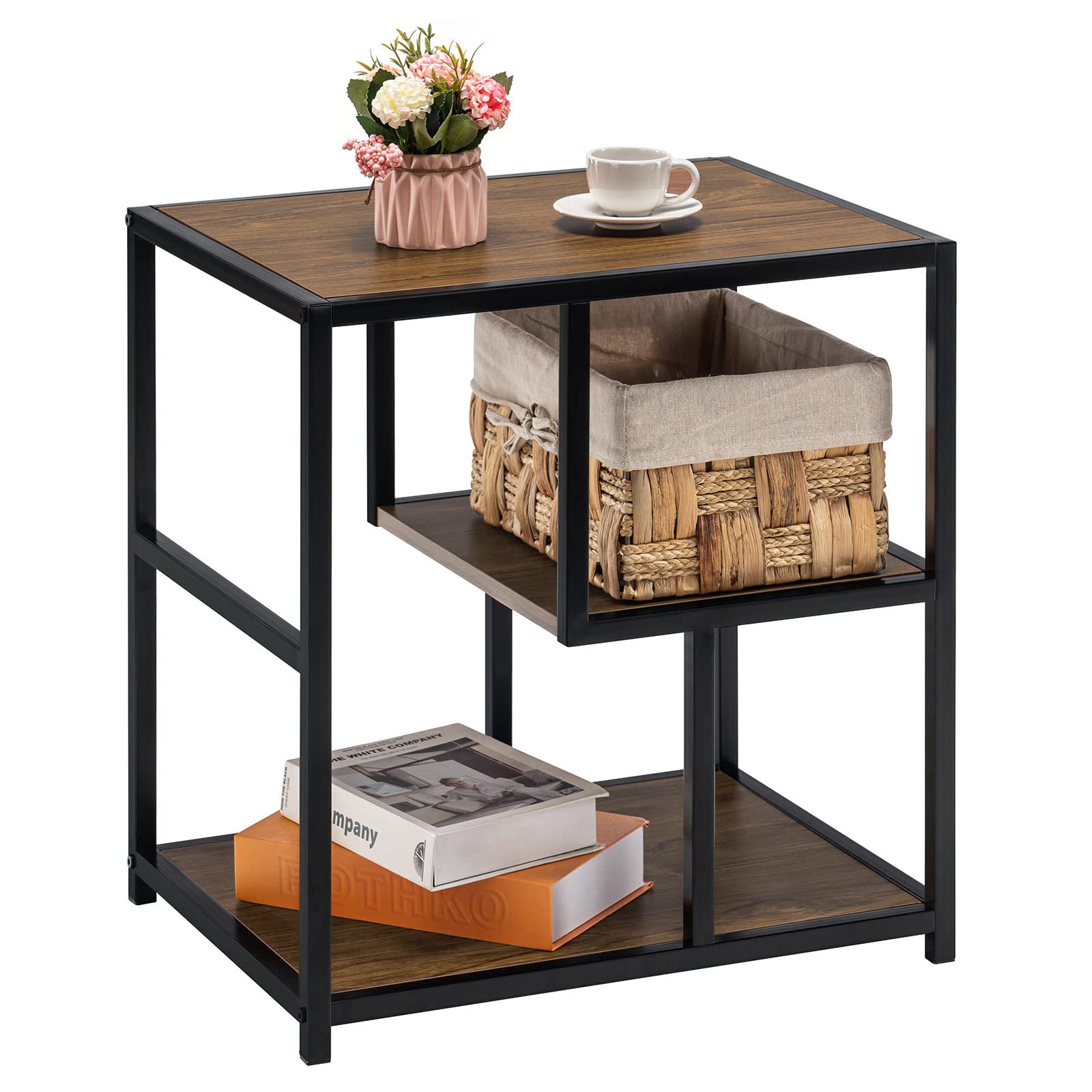 Modern Small Side Table with Bookshelf - Nightstand Organizer for Bedroom, Living Room & Office - Compact End Table for Bedside, Sofa & Workspace