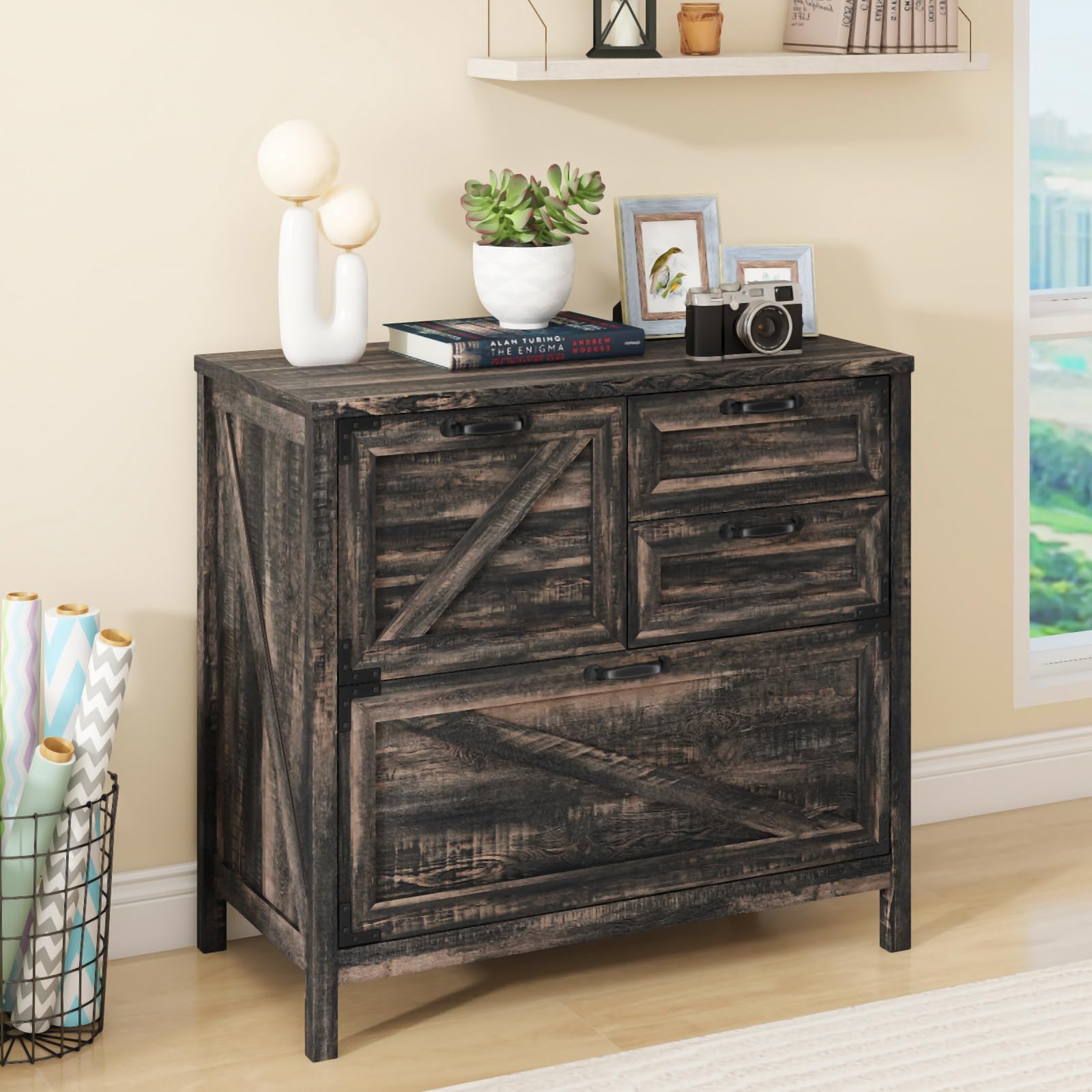 4-Drawer Farmhouse Lateral File Cabinet for Letter/Legal/A4 Hanging Files - Rustic Oak Wood Storage Cabinet with Printer Stand - Perfect for Home Office Organization & Document Storage