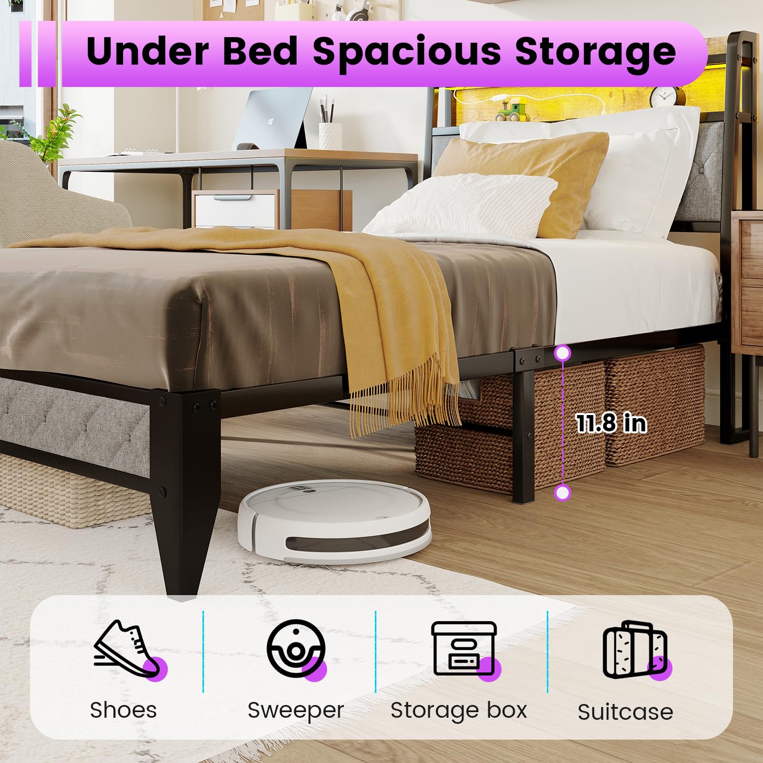 Winkalon Twin Size LED Bed Frame with Upholstered Headboard & Charging Station - Modern Metal Platform Bed with Underbed Storage, No Box Spring Needed - Perfect for Small Bedrooms, Guest Rooms & Dormitories