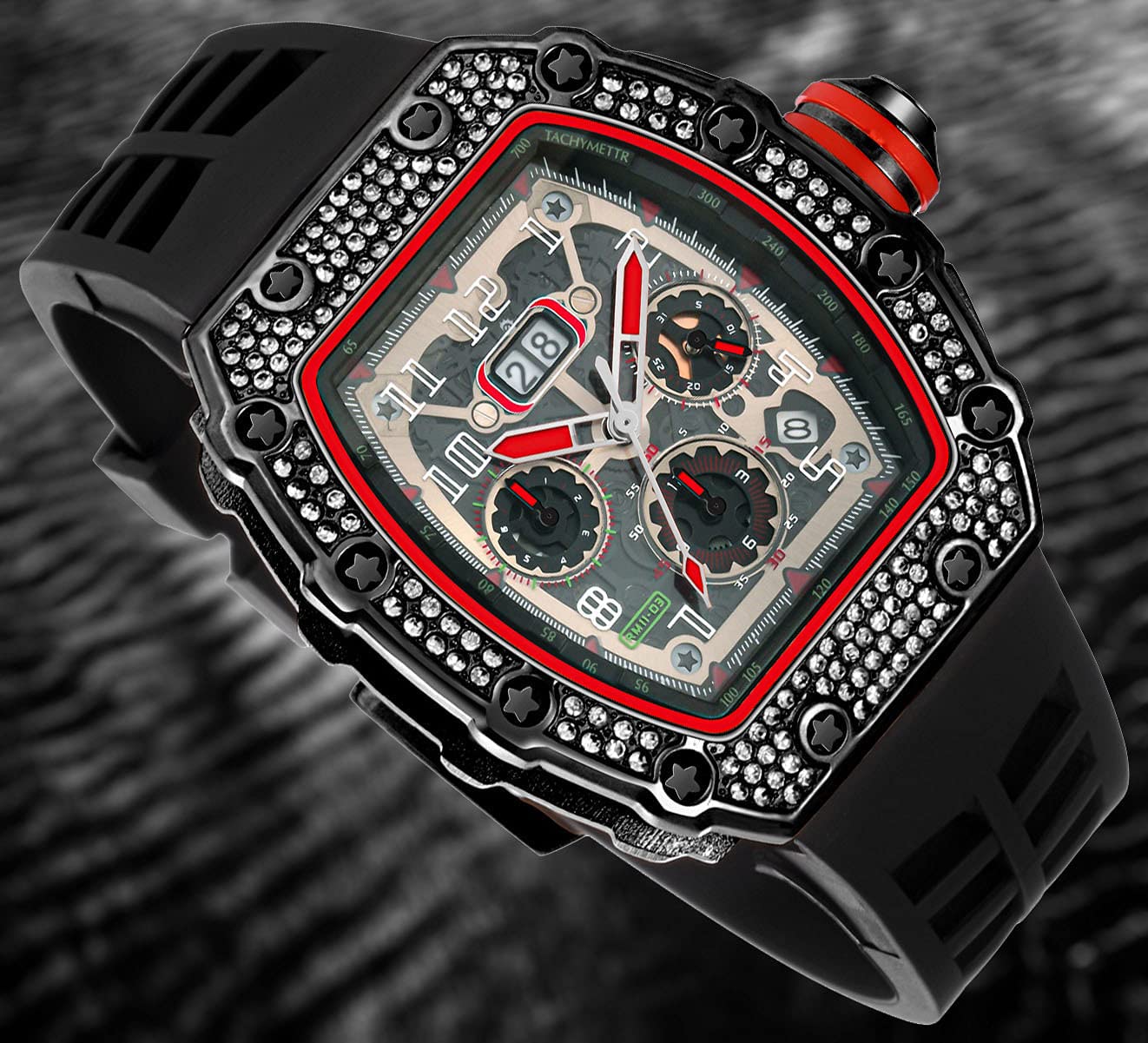 FANMIS Men's Punk Diamond Chronograph Watch - Fashionable Silicone Band Sports Wristwatch for Casual & Party Wear - Perfect for Everyday Use, Gifts, and Special Occasions