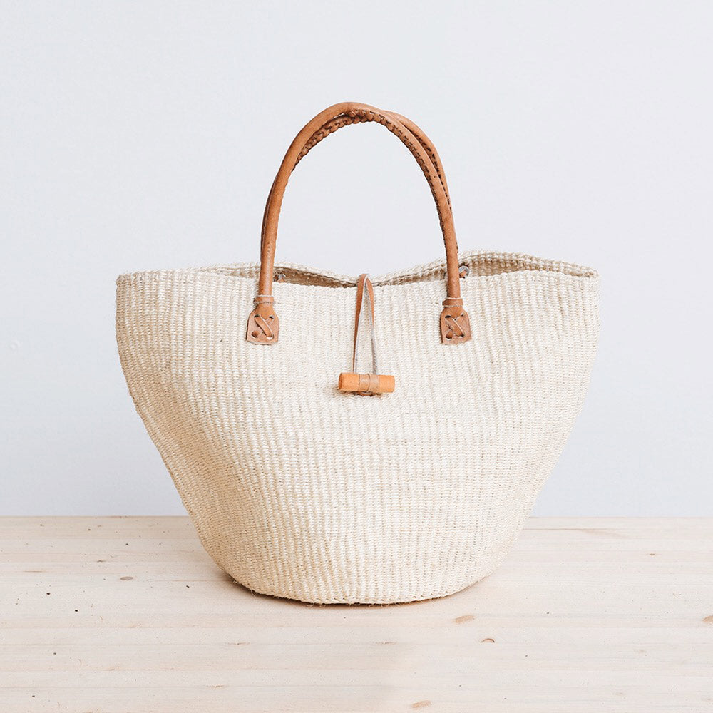 Eco-Friendly Sisal Shopping Tote Bag with Genuine Leather Handles - Stylish & Durable Reusable Grocery Bag for Farmers Market, Beach, or Everyday Use
