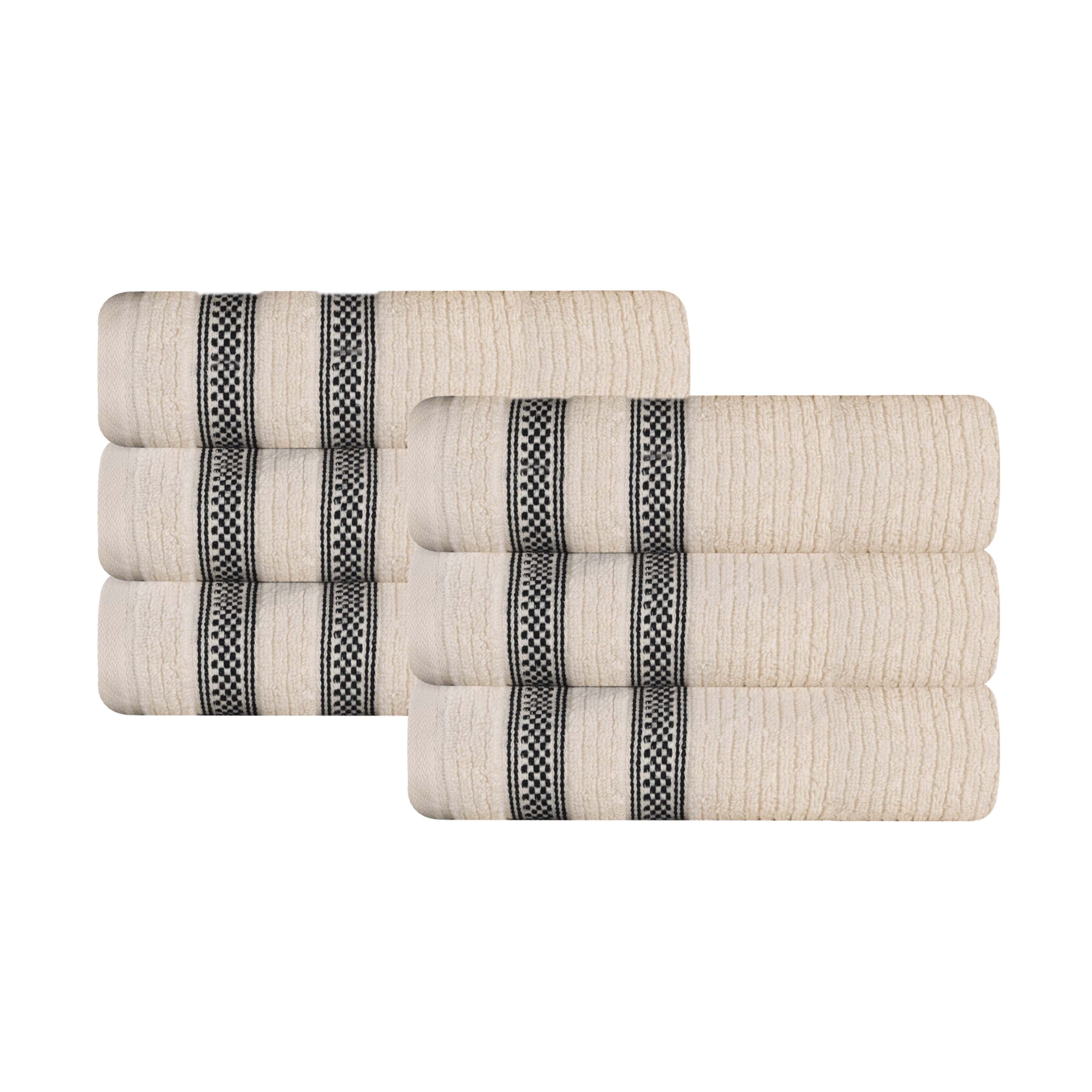 Premium 6-Pack Zero Twist Cotton Ribbed Geometric Border Plush Hand Towels - Ultra Soft & Absorbent for Bathroom, Kitchen, and Guest Use