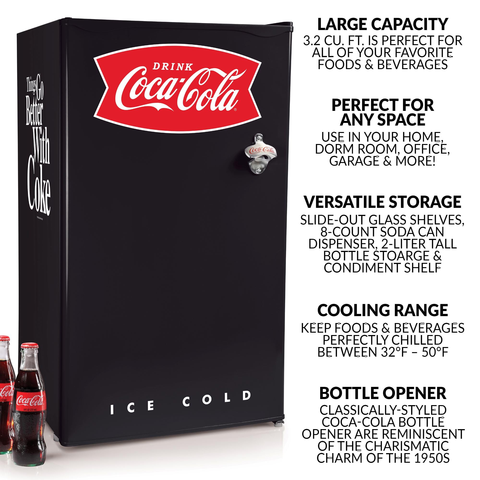 Igloo Coca-Cola 3.2 Cu. Ft. Mini Fridge with Freezer - Adjustable Temperature (32°F), Bottle Opener & Ice Cube Tray Included - Compact Refrigerator for Dorm, Office, Bedroom or Man Cave - Black