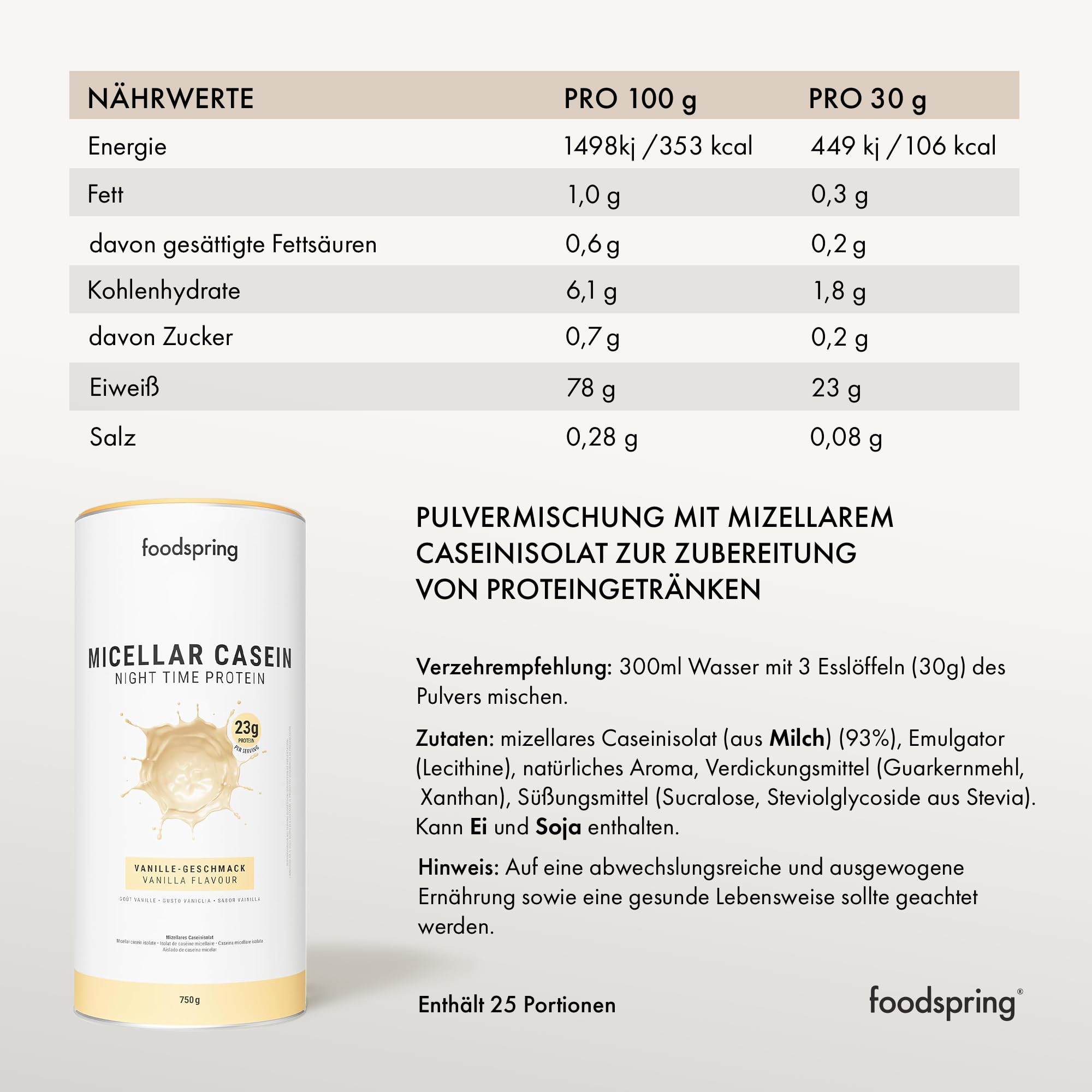 Foodspring Micellar Casein Protein Powder - Slow Digesting Night Time Protein with 23g Protein per Serving, Amino Acids, Vanilla Flavor, Fat & Sugar Free (750g) - Ideal for Post-Workout Recovery & Overnight Muscle Support