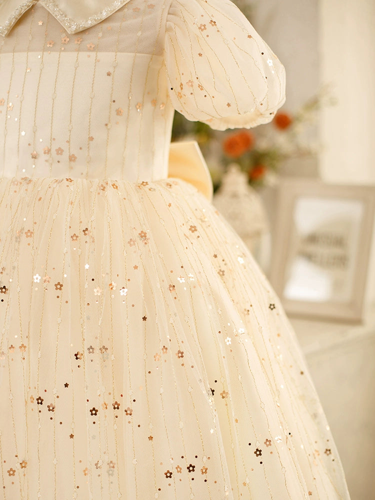 White Princess Collar Tea-Length Tulle Flower Girl Dress for Weddings & Special Occasions