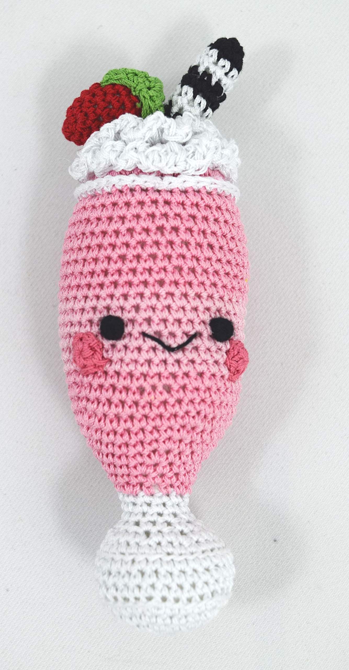 Organic Cotton Crochet Squeaky Dog Toy for Small Dogs - Teeth Cleaning Chew Toy, Strawberry Milkshake Design | Perfect for Puppy Teething, Dental Care & Playtime Fun