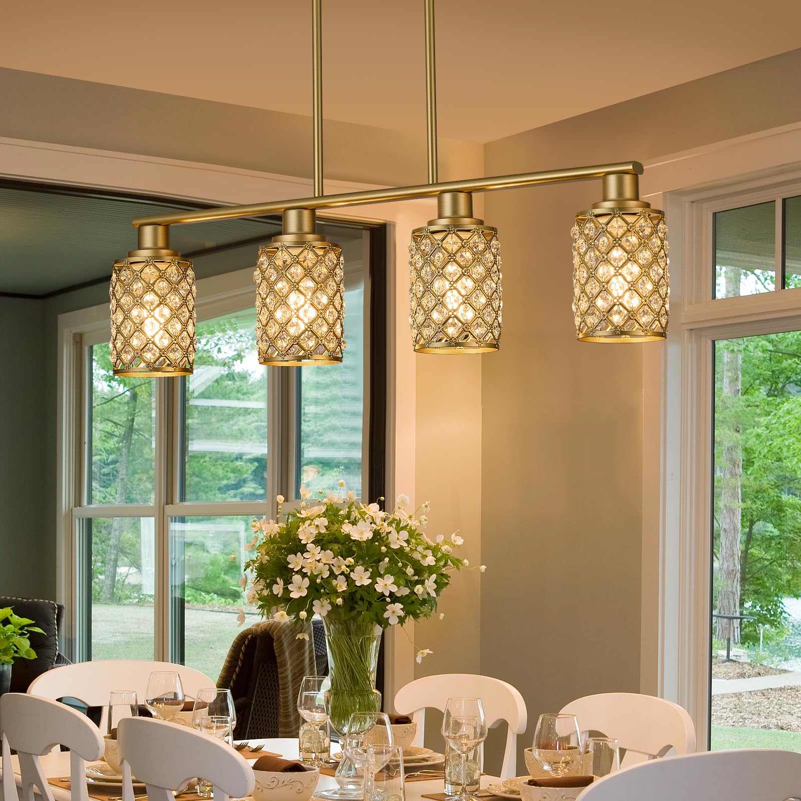 Farmhouse Gold 4-Light Linear Chandelier with K9 Crystal & Gold Grid Shade - Modern Kitchen Island Lighting & Dining Room Pendant Light Fixture for Farmhouse, Rustic, and Contemporary Home Decor (Perfect Over Dining Tables, Kitchen Islands, and Entryways)
