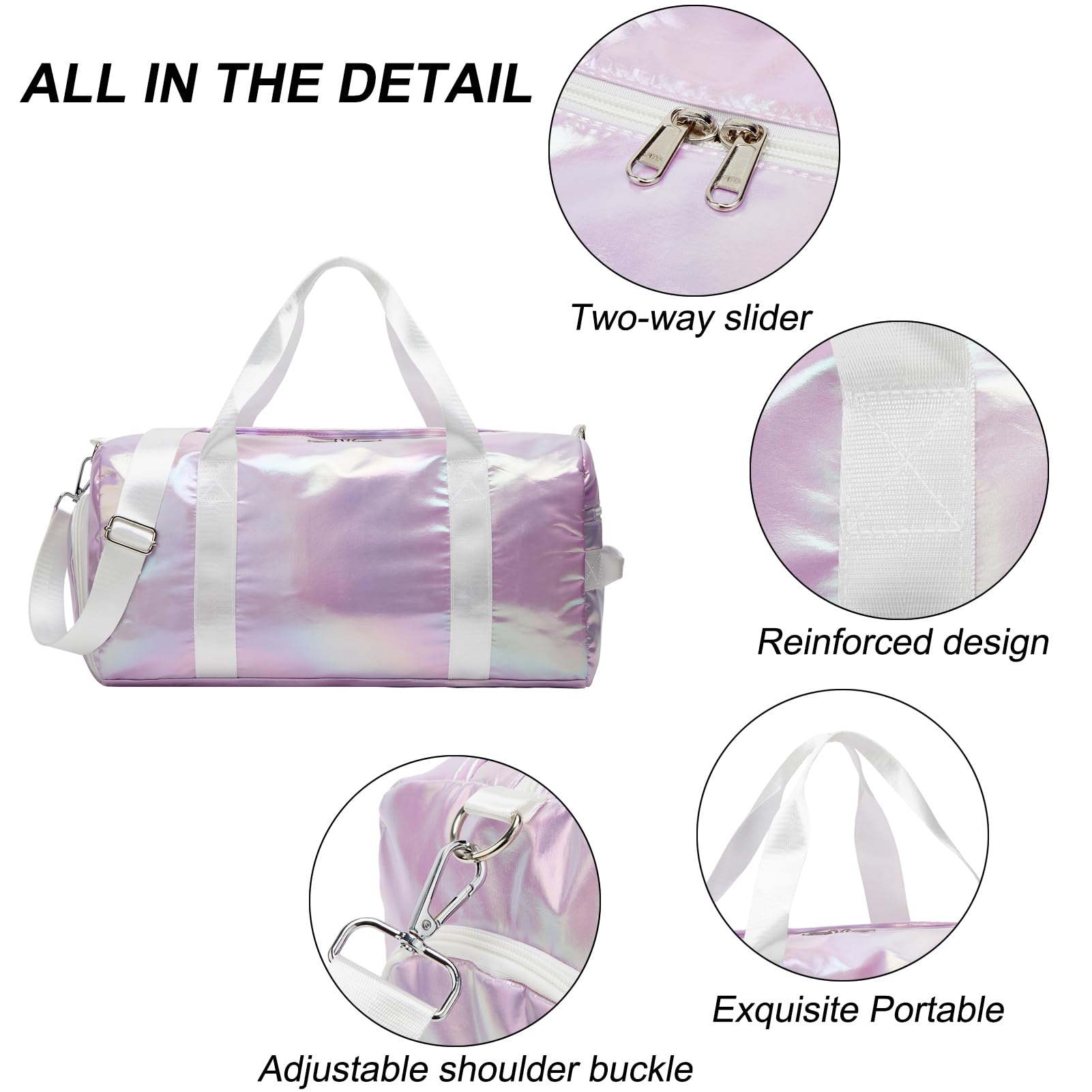 ZHIERNA Women's Shimmery Waterproof Gym Dance Duffle Bag with Shoes Compartment & Wet Dry Pocket - Purple Nylon Travel Duffel for Sports, Yoga, Workout & Weekend Getaways