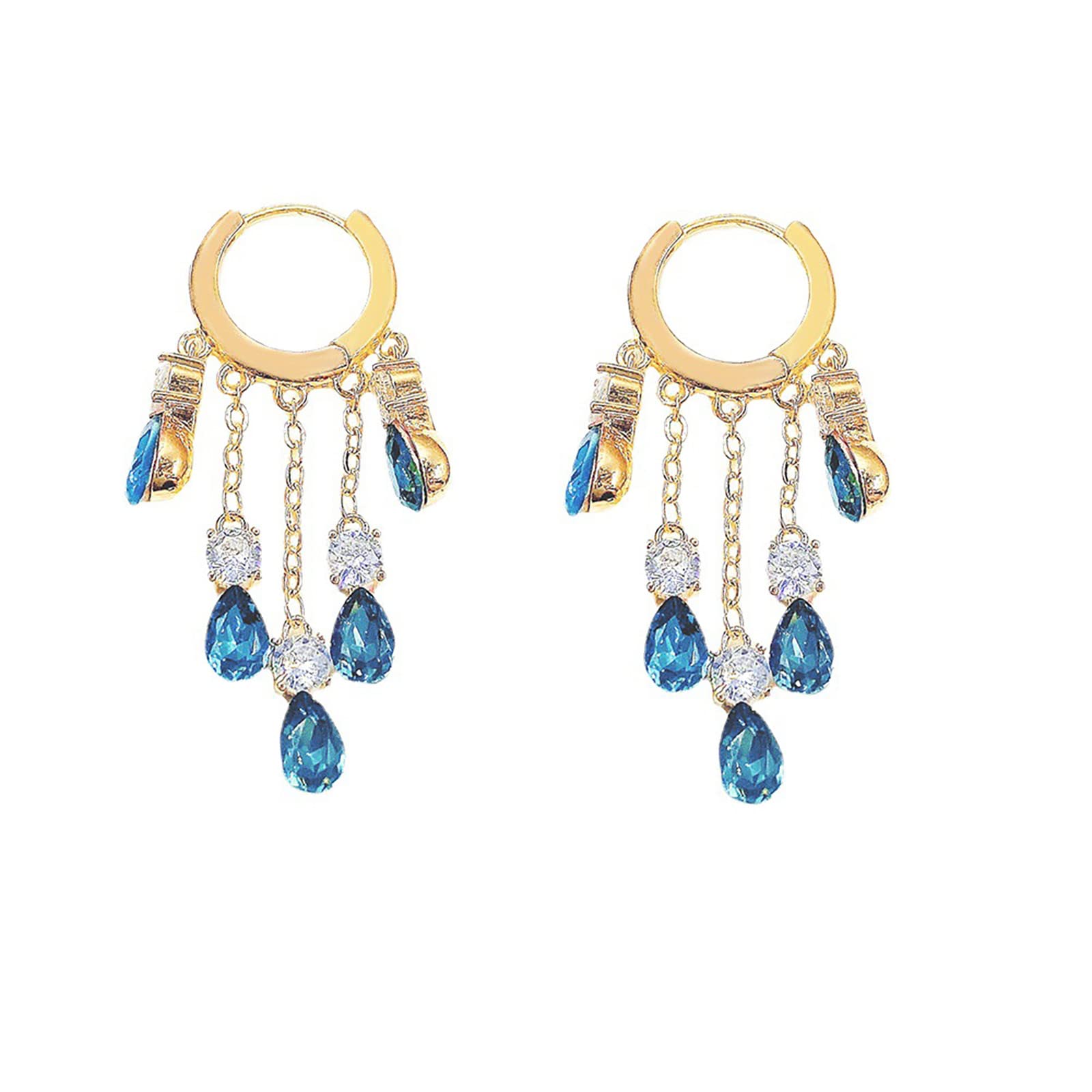 Elegant Crystal Drop Earrings with Long Tassel - Blue & Green Dangle Earrings for Women | Perfect for Parties, Weddings & Evening Events