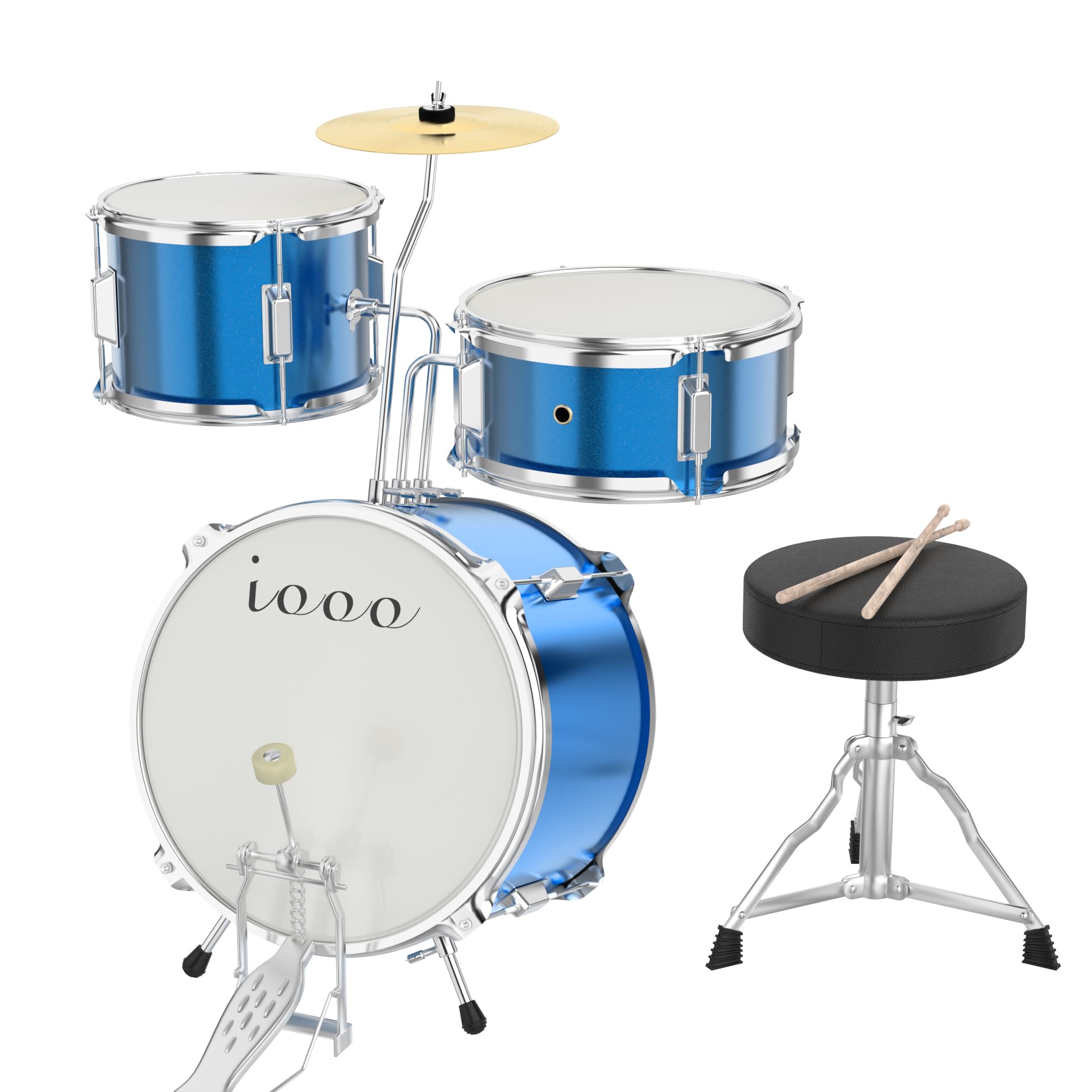 Sky Blue 3-Piece Beginner Drum Set with Throne Stool - Complete Starter Drum Kit for Kids & Teens | Perfect for Home Practice, Music Lessons & Rock Band Performances
